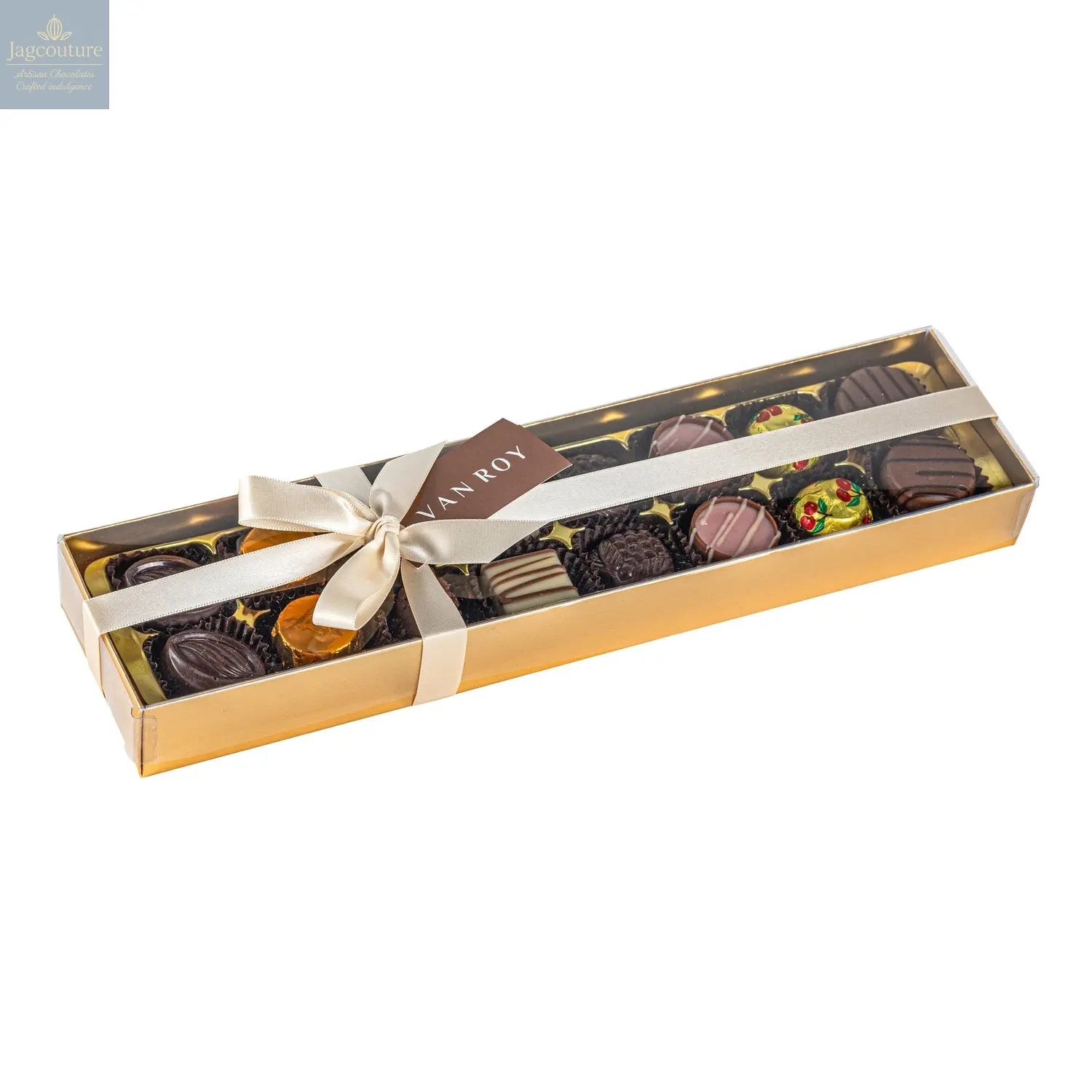 16 assorted Belgian chocolates in gold base with acetate lid and ribbon - Jag Couture Chocolates