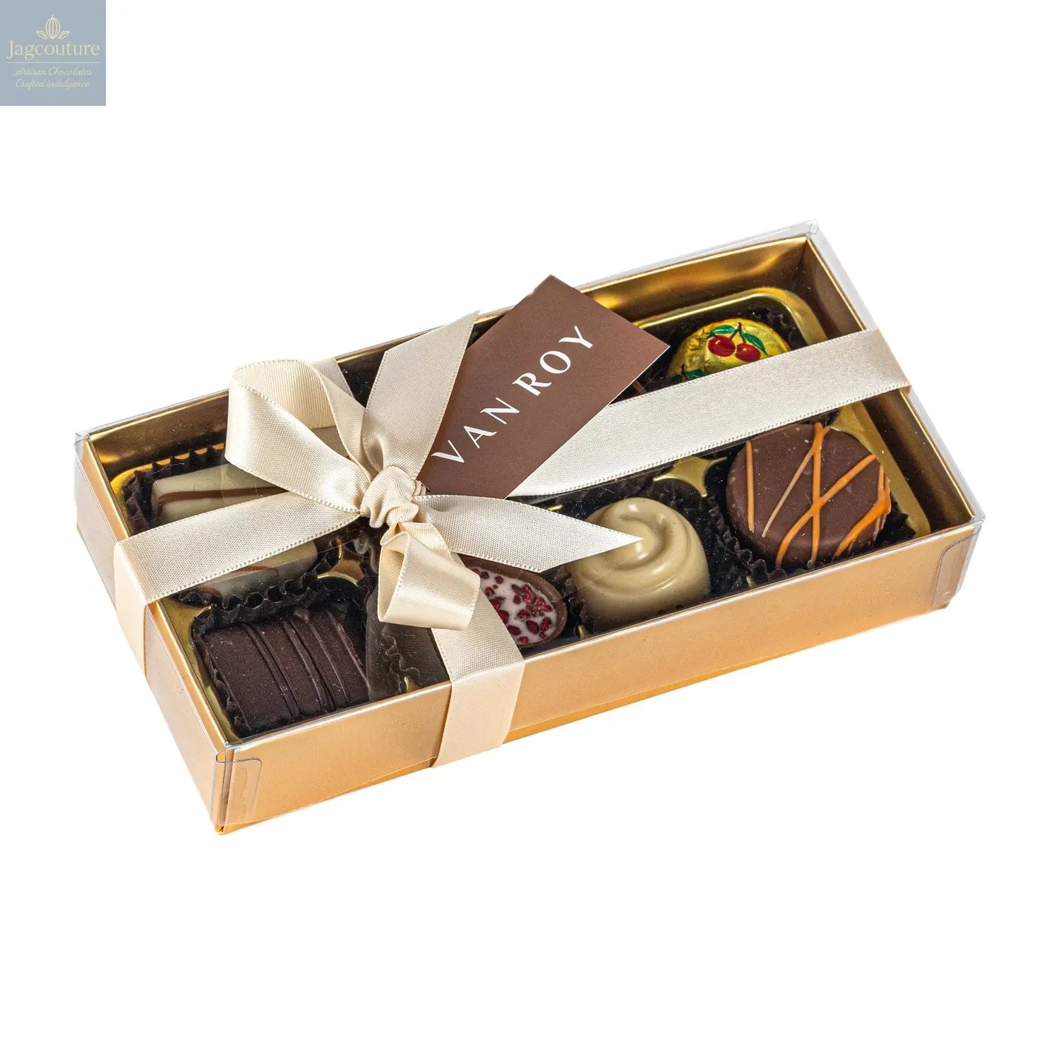 8 assorted Belgian chocolates in gold base with acetate lid and ribbon - Jag Couture Chocolates