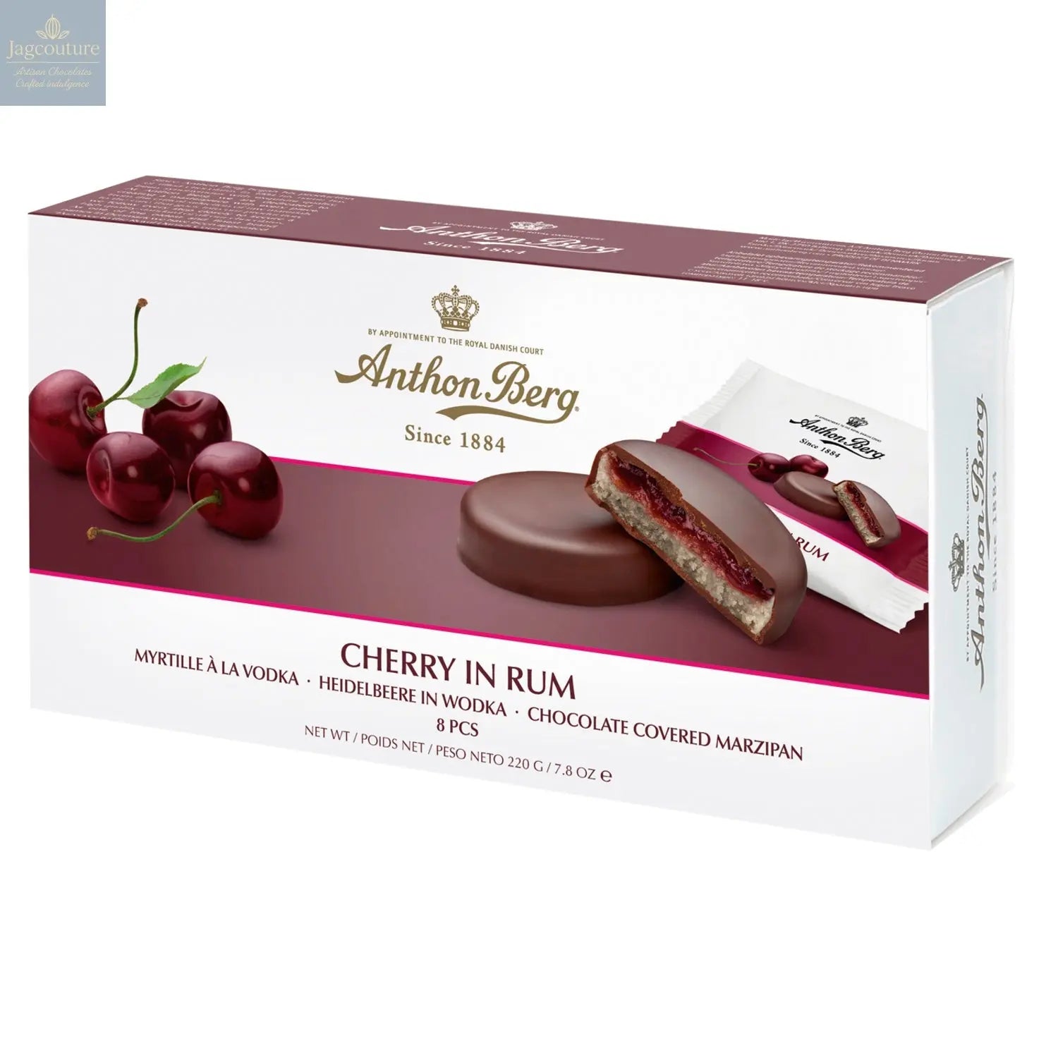 Anthon Berg cherry in rum marzipan in dark chocolate - Jag Couture Chocolates