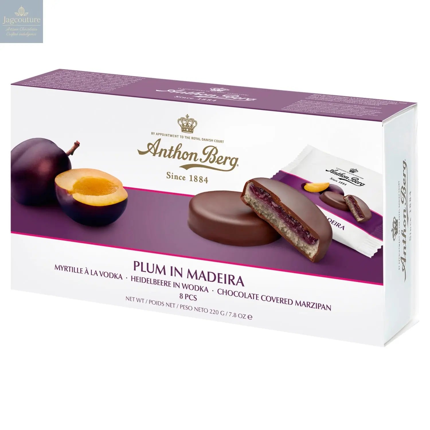 Anthon Berg plum in madeira marzipan in dark chocolate - Jag Couture Chocolates