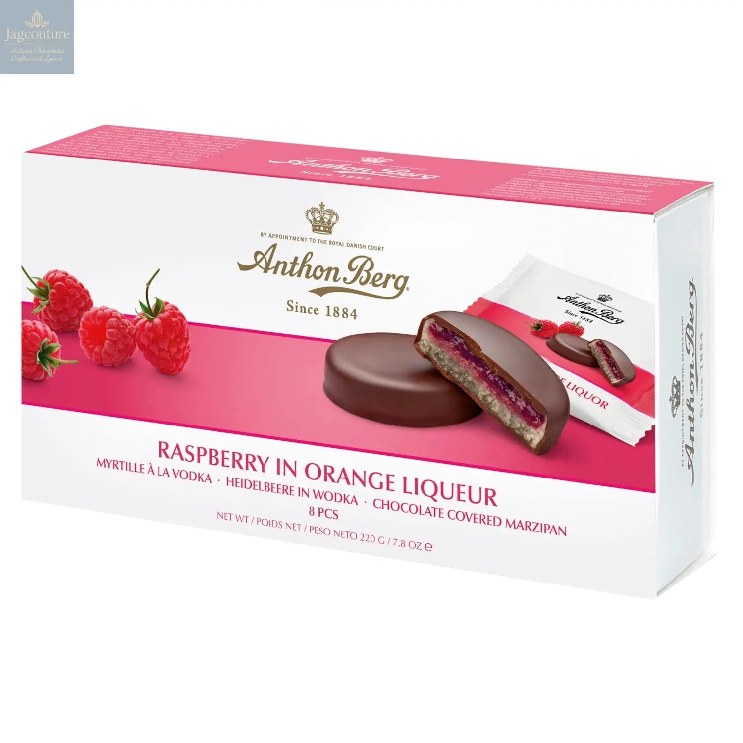 Anthon Berg raspberry in orange liqueur marzipan in dark chocolate - Jag Couture Chocolates