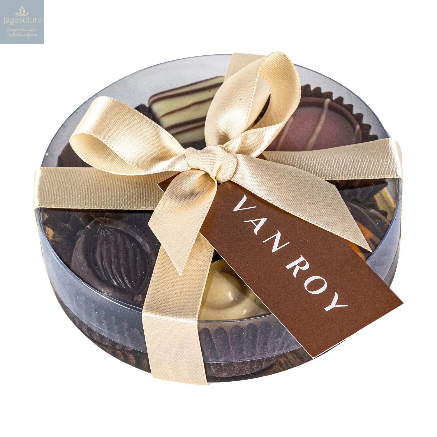 Assorted Belgian chocolates in 10cm cello round with ribbon - Jag Couture Chocolates