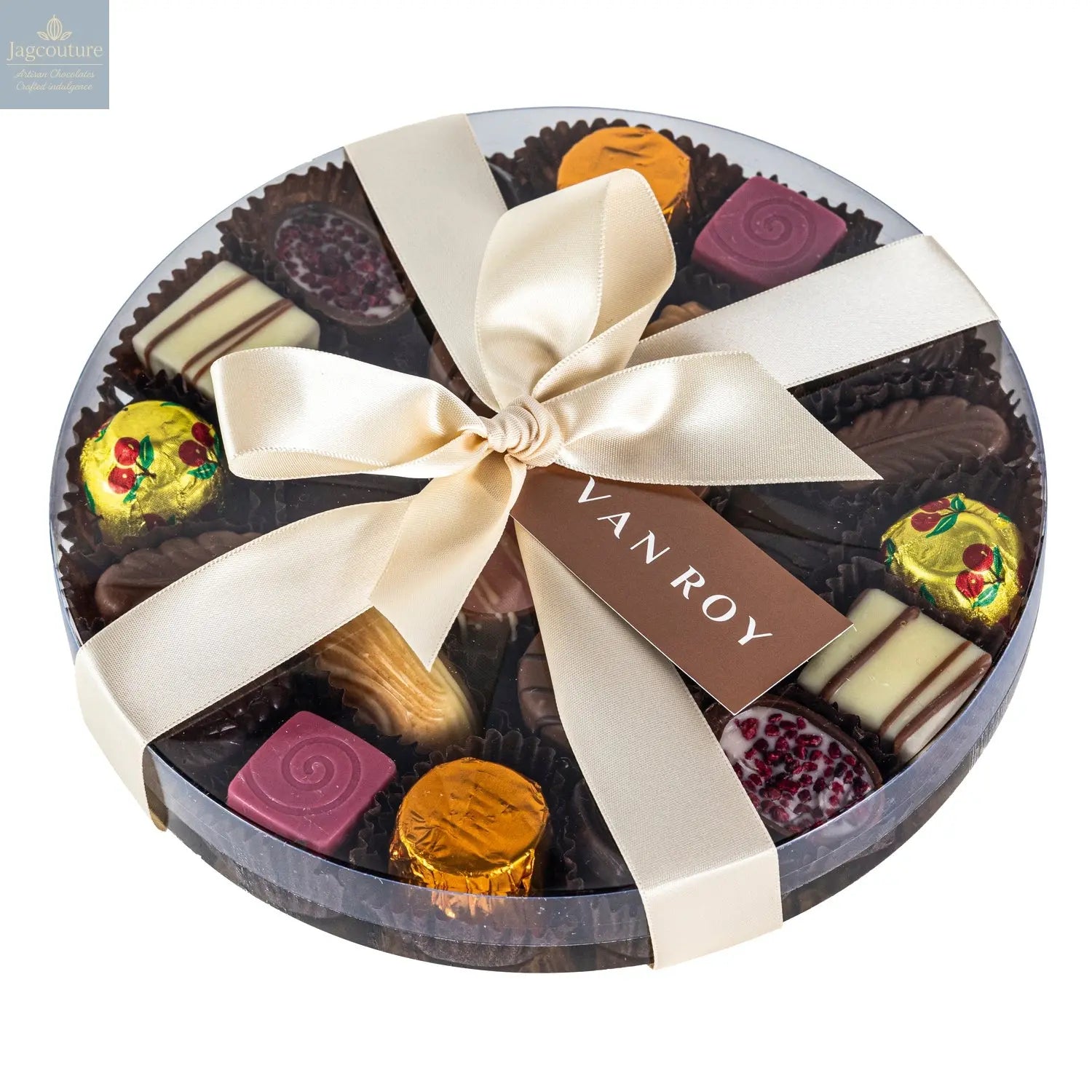 Assorted Belgian chocolates in 18cm cello round with ribbon - Jag Couture Chocolates
