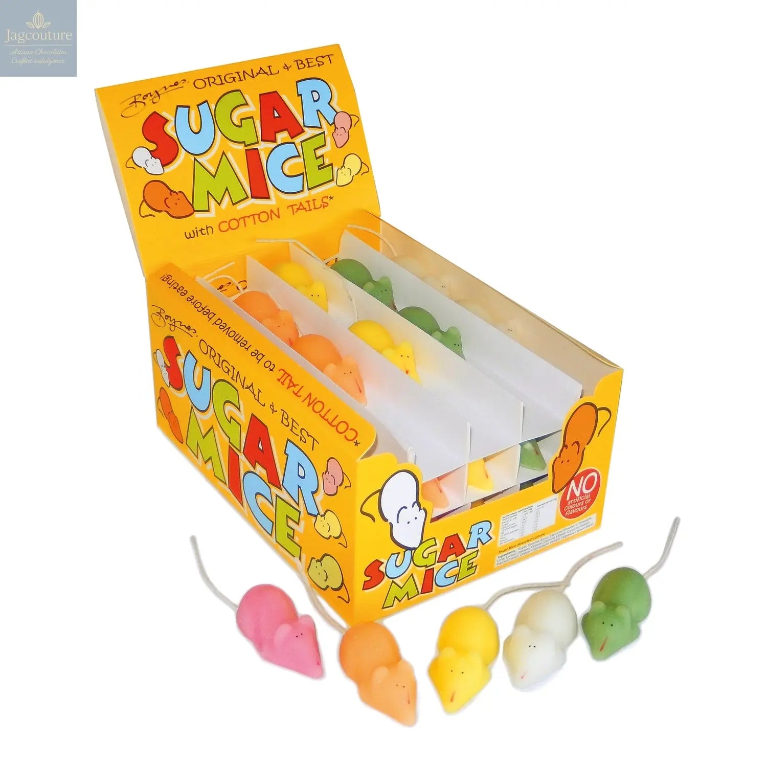 Assorted coloured sugar mice in display box Jag Couture Chocolates