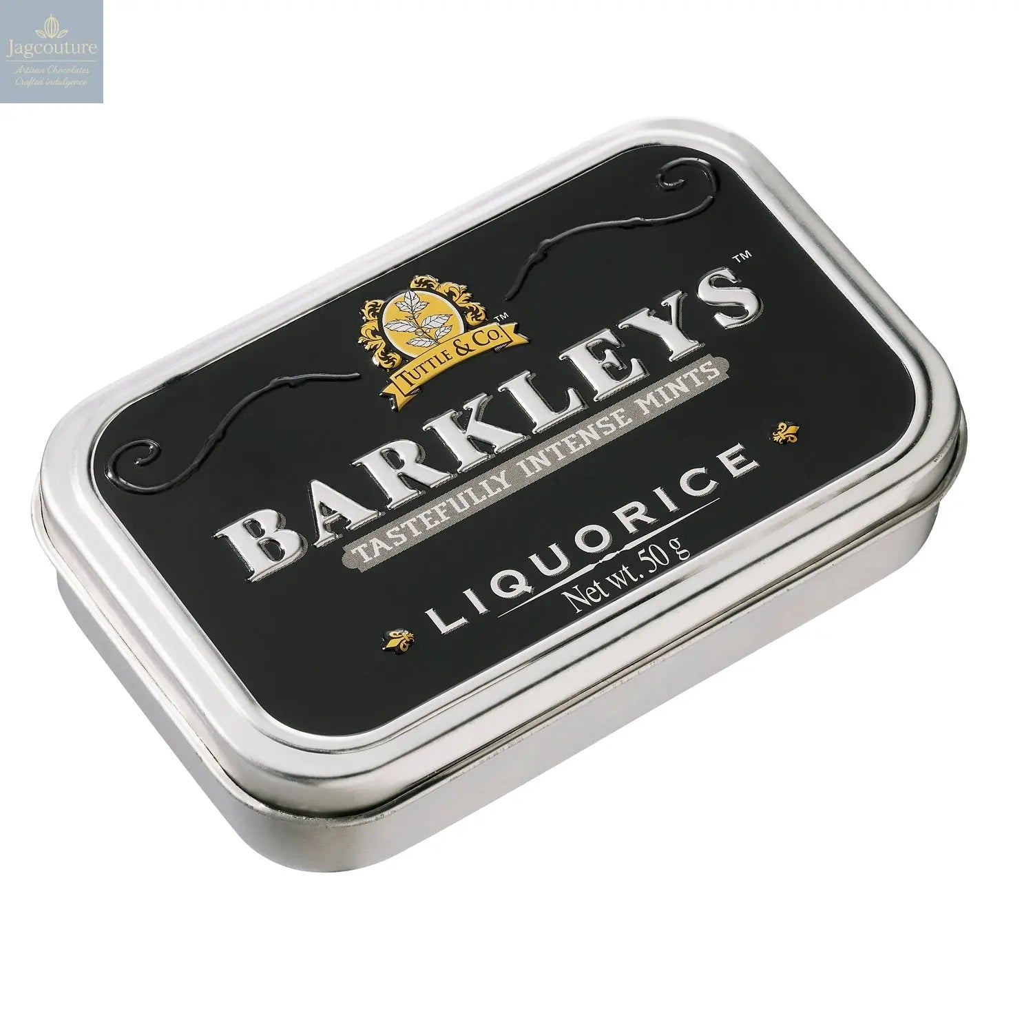 Barkleys classic liquorice mints in luxury tin Jag Couture Chocolates