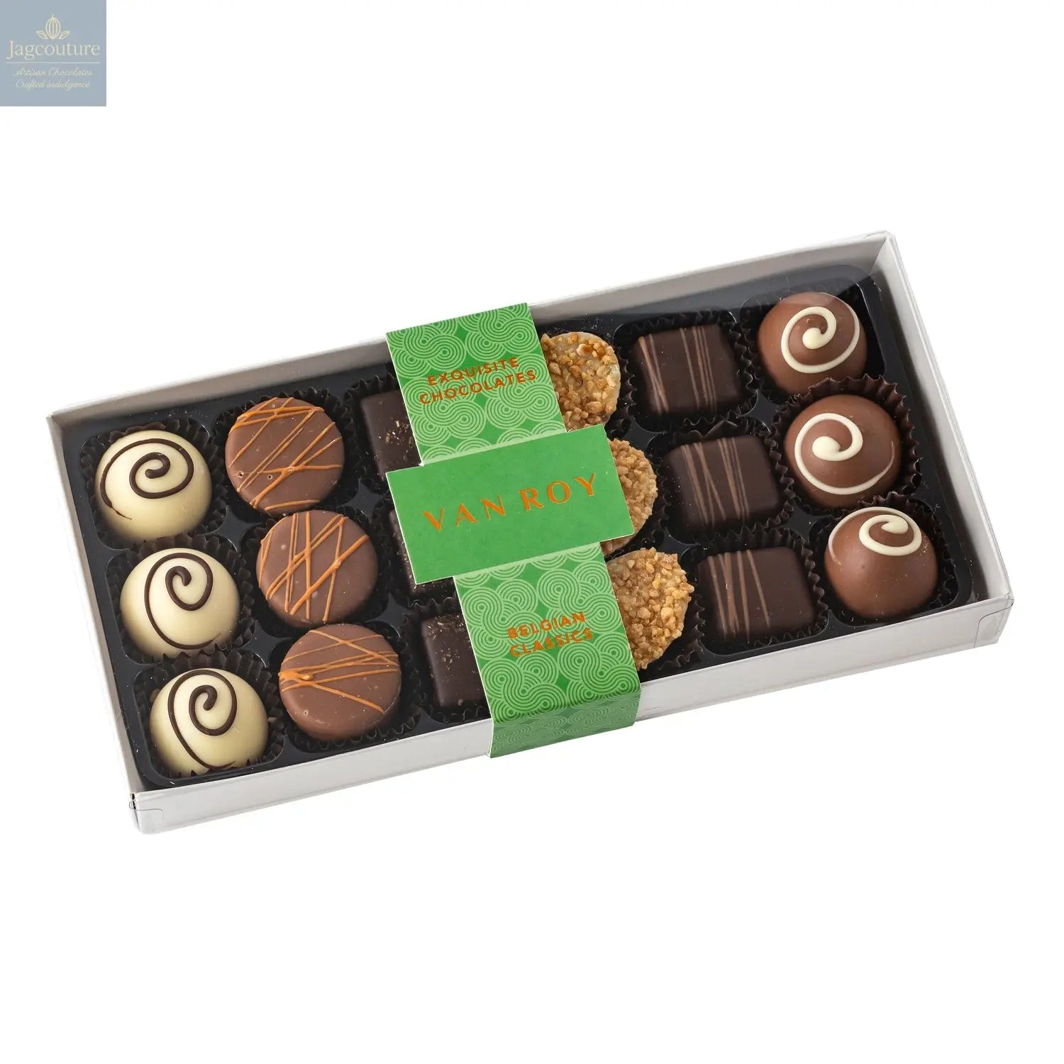 Belgian everyday classics selection in 18 choc grey base with cello lid - Jag Couture Chocolates