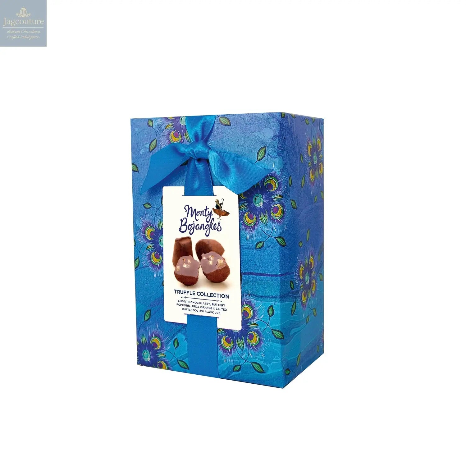 Blue gift wrapped carton of assorted cocoa dusted truffles - Jag Couture Chocolates