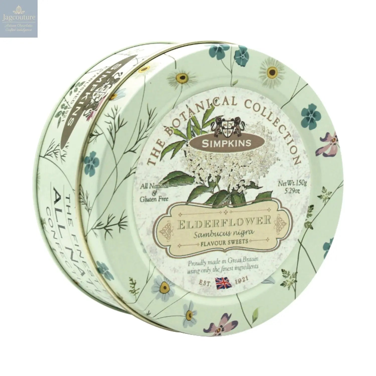 Botanical tin of elderflower flavour travel sweets Jag Couture Chocolates