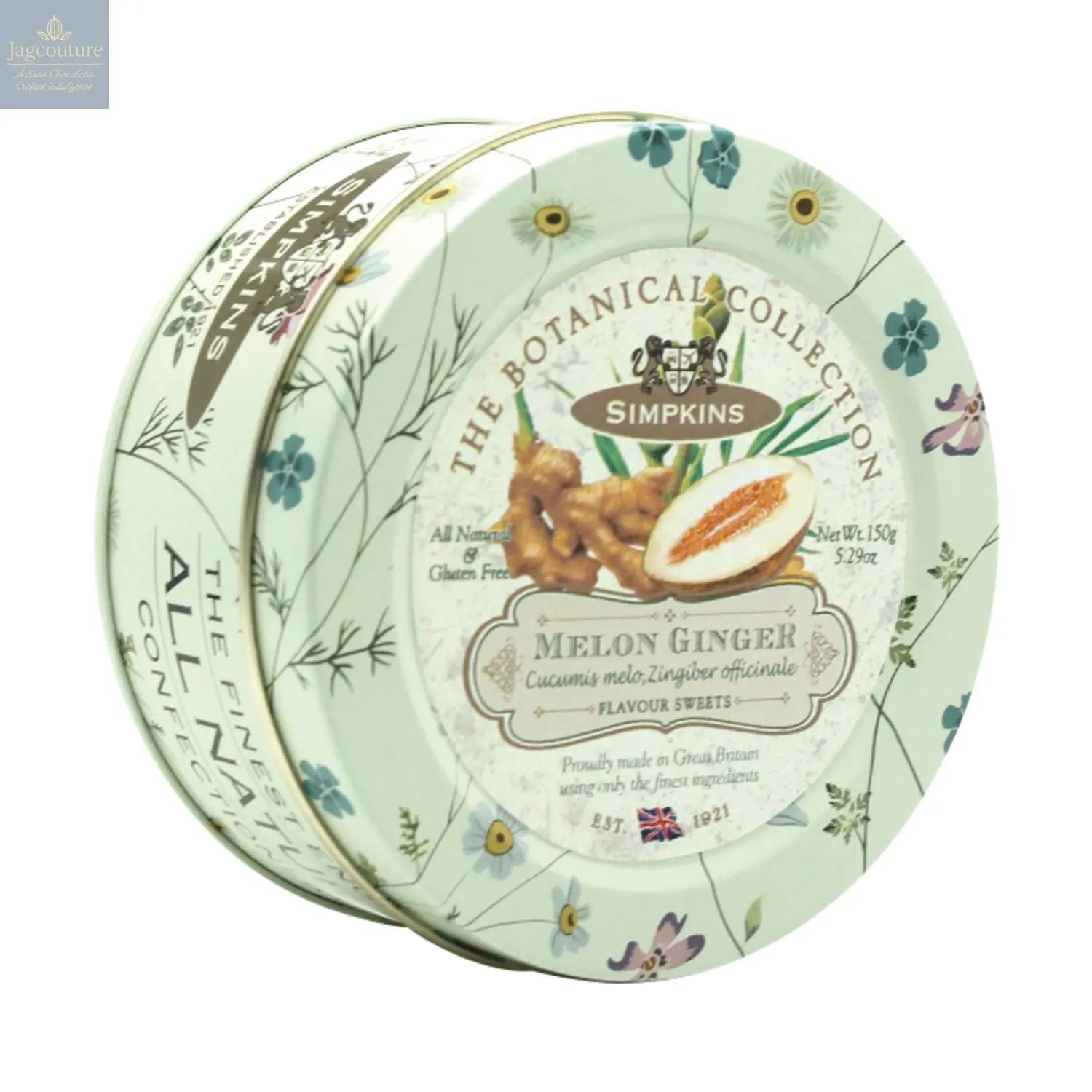 Botanical tin of melon & ginger flavour travel sweets Jag Couture Chocolates