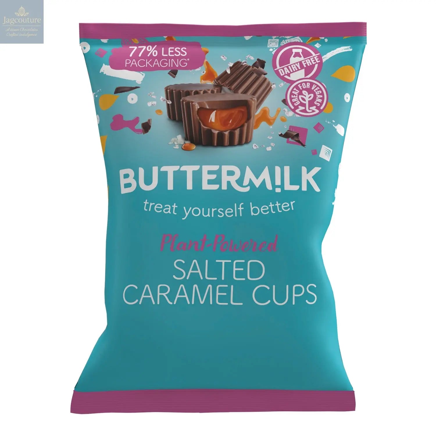 Buttermilk Dairy Free salted caramel cups in pouch Jag Couture Chocolates