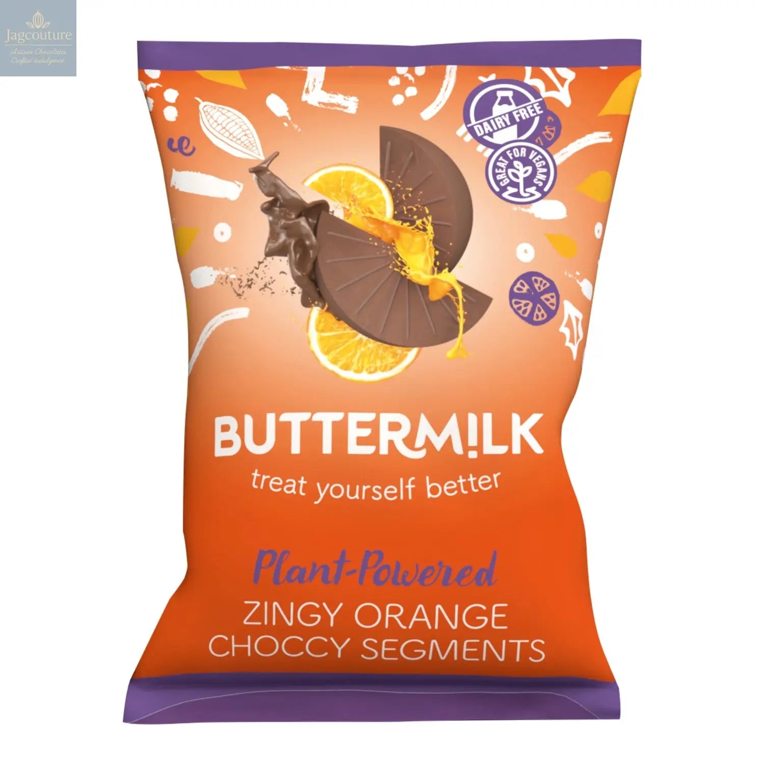 Buttermilk Dairy Free zingy orange segments in pouch Jag Couture Chocolates