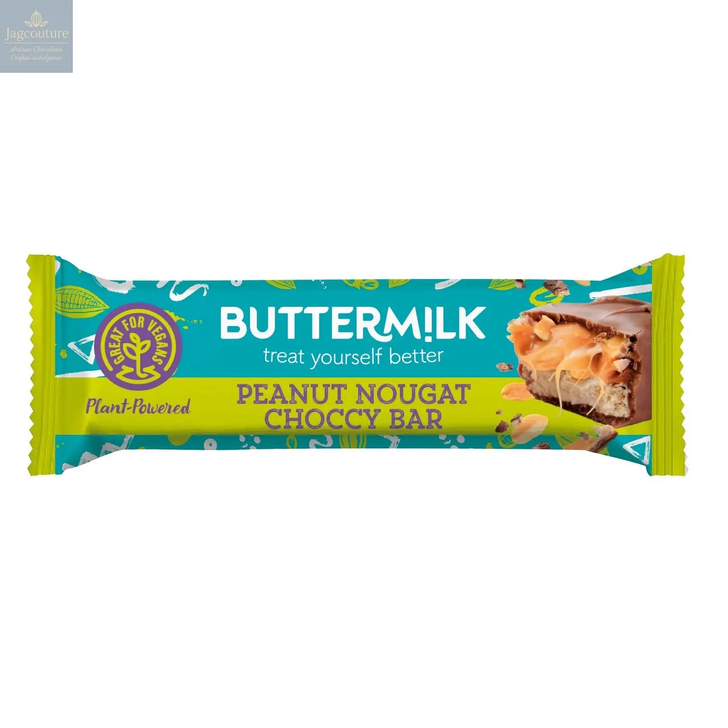 Buttermilk chewy peanut nougat with a caramel layer enrobed in plant based chocolate Jag Couture Chocolates