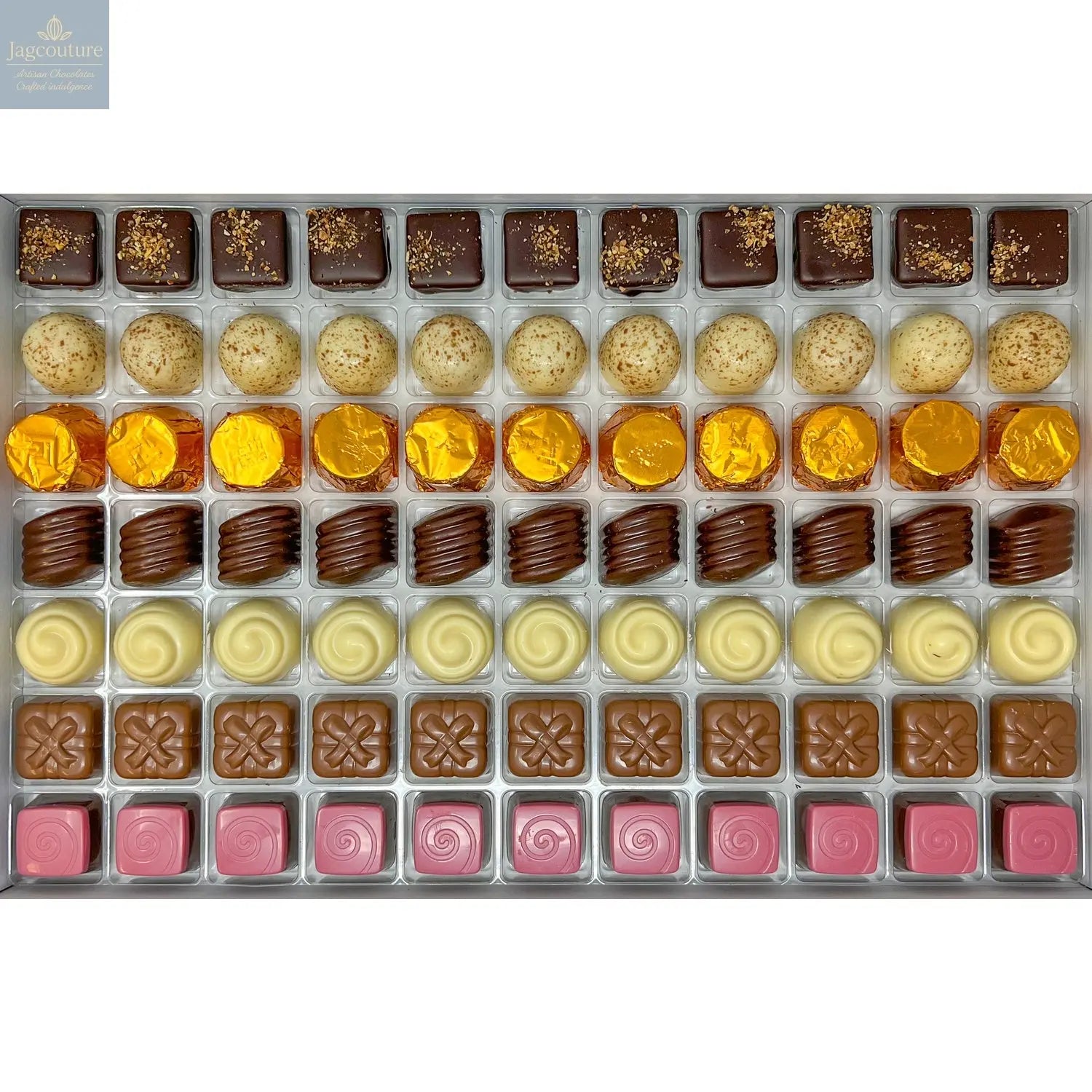 Classic Praline Selection - dark lemon, white hazelnut, milk salted caramel, white apricot, milk Irish cream, milk raspberry, dark pistachio - Jag Couture Chocolates