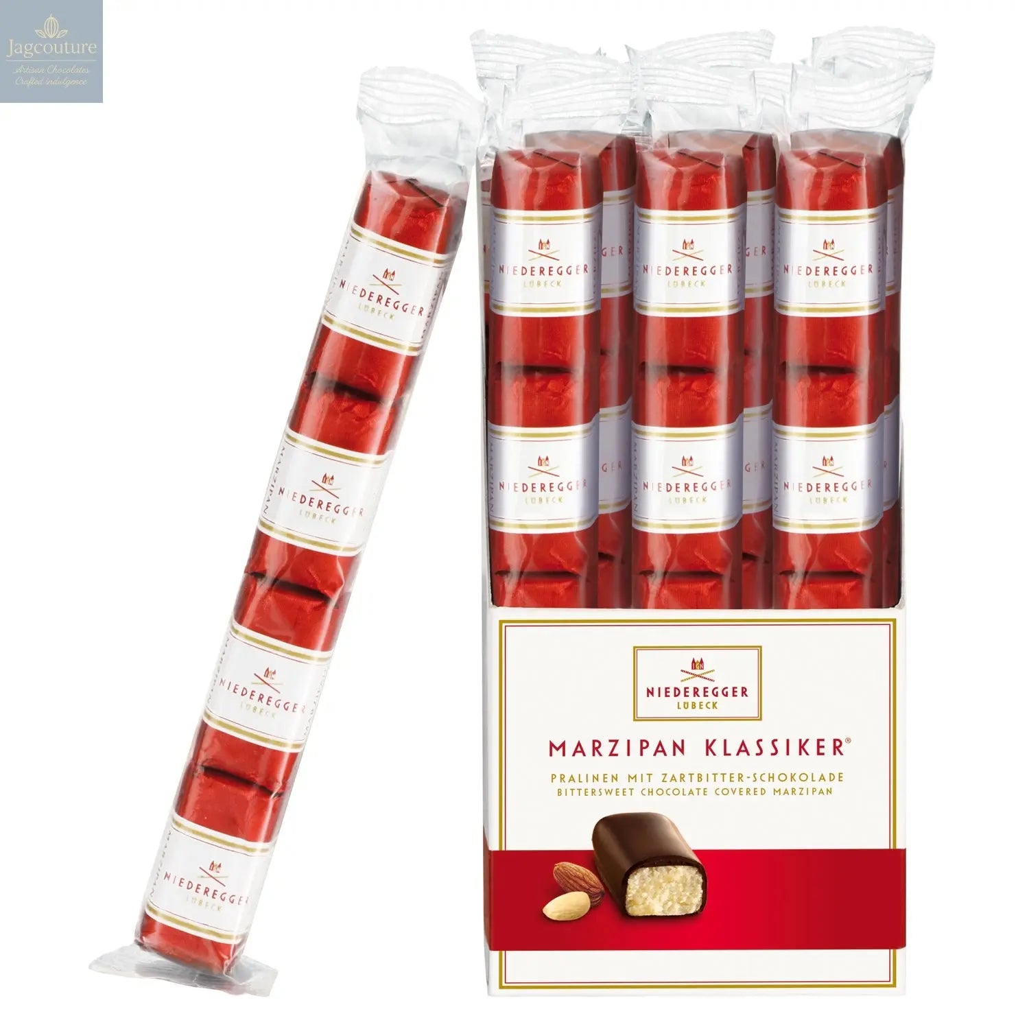 Classic dark chocolate covered bite-sized marzipan loaves in flow wrapped stick pack - Jag Couture Chocolates