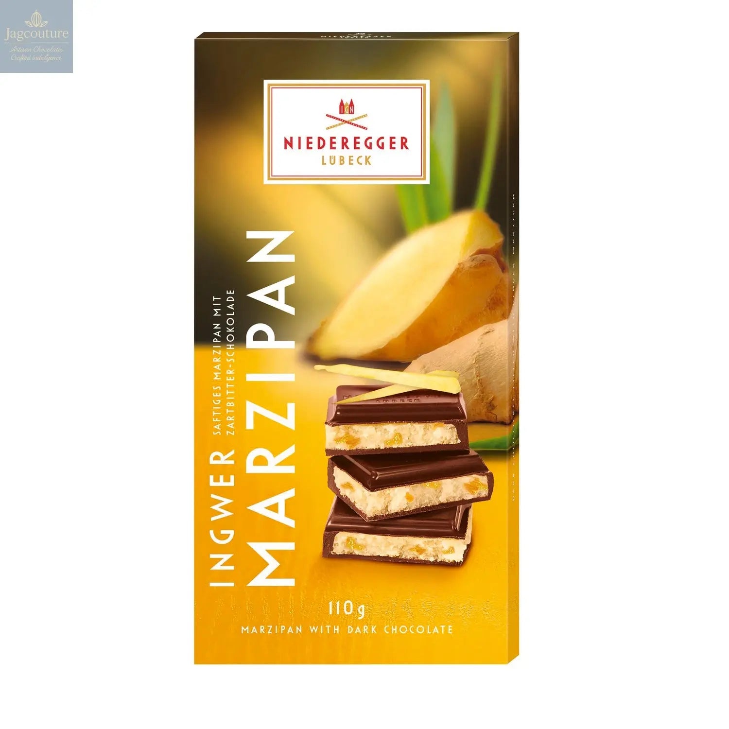 Dark chocolate covered ginger flavoured marzipan bar - Jag Couture Chocolates