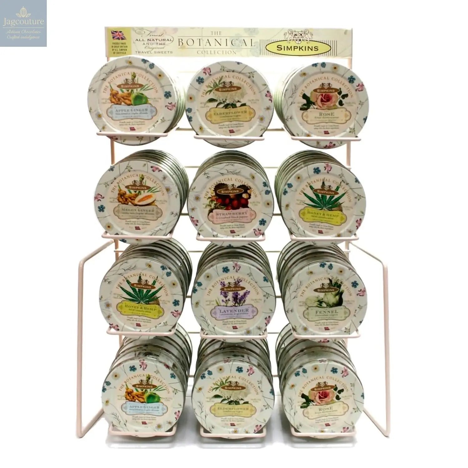 Empty Botanical stand for holding 12 x 4 tins (d) 20 x (w) 37 x (h) 50cm (FOC with 24 outers) Jag Couture Chocolates