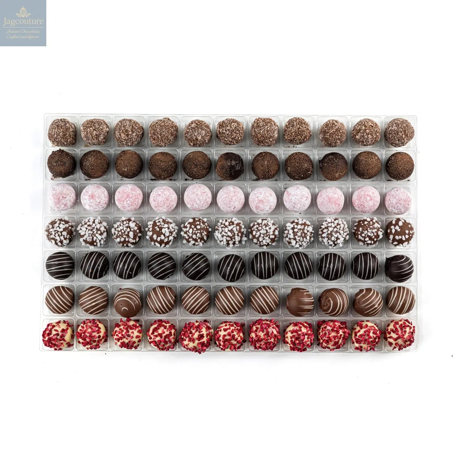 English Truffle Selection - milk caramel, dark rum, pink gin, milk prosecco, dark cappuccino, milk orange, white champagne - Jag Couture Chocolates