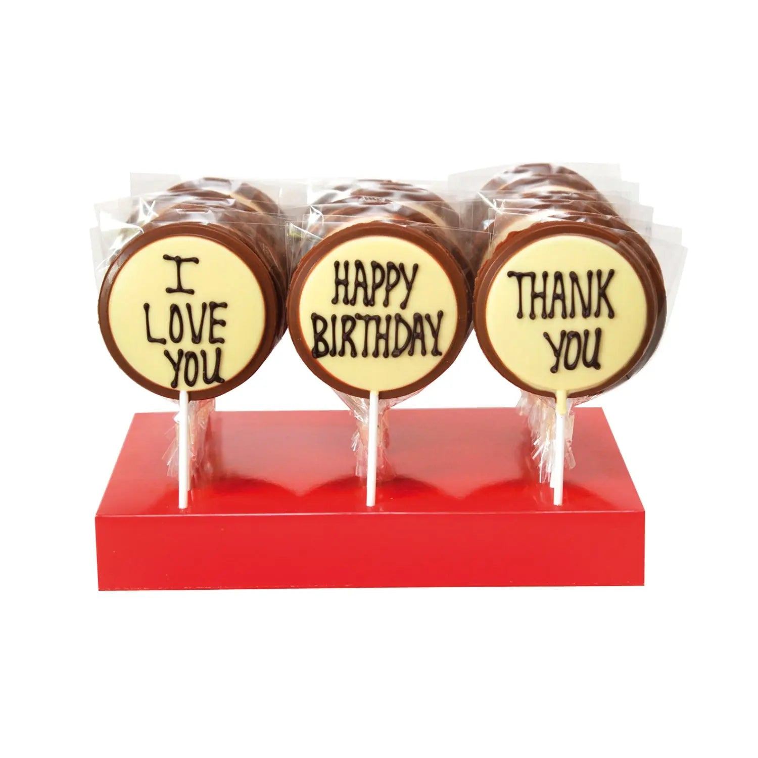 Hand decorated milk chocolate message lollies - Thank You, Happy Birthday, I Love You Jag Couture Chocolates