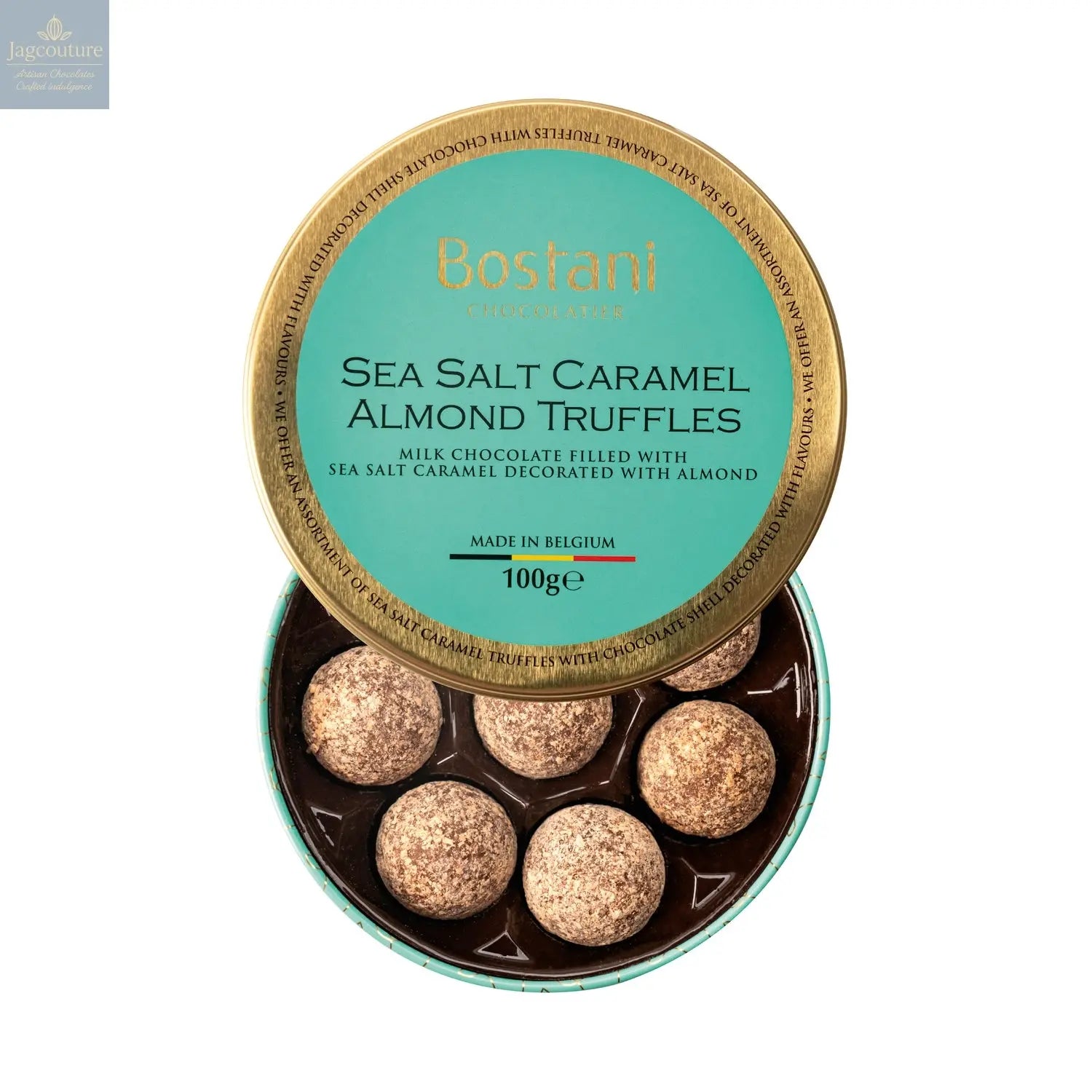 Gift tin of sea salt caramel almond milk chocolate truffles rolled in almond flavour powder - 11 x 3.6cm - Jag Couture Chocolates