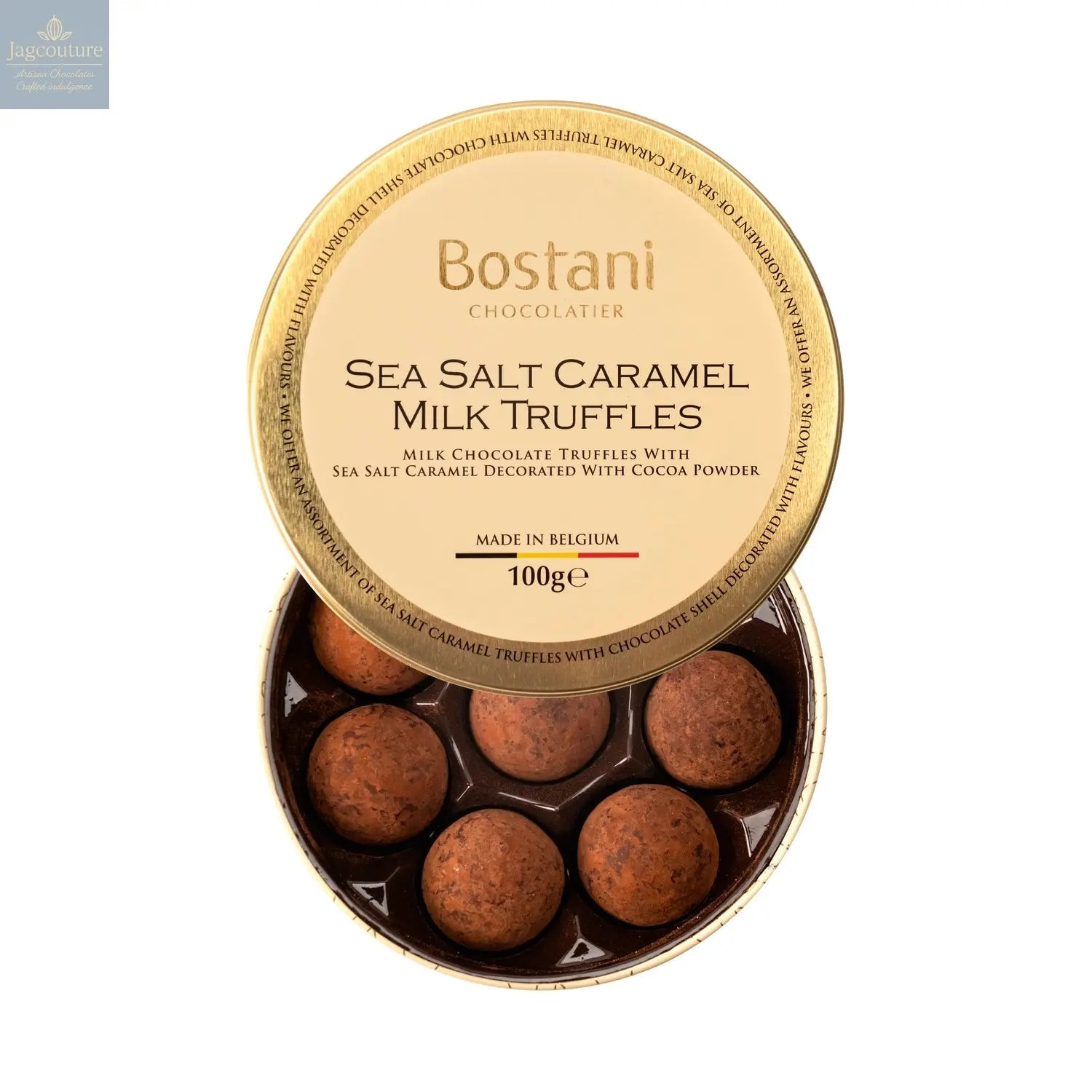Gift tin of sea salt caramel milk chocolate truffles rolled in cocoa powder - 11 x 3.6cm - Jag Couture Chocolates