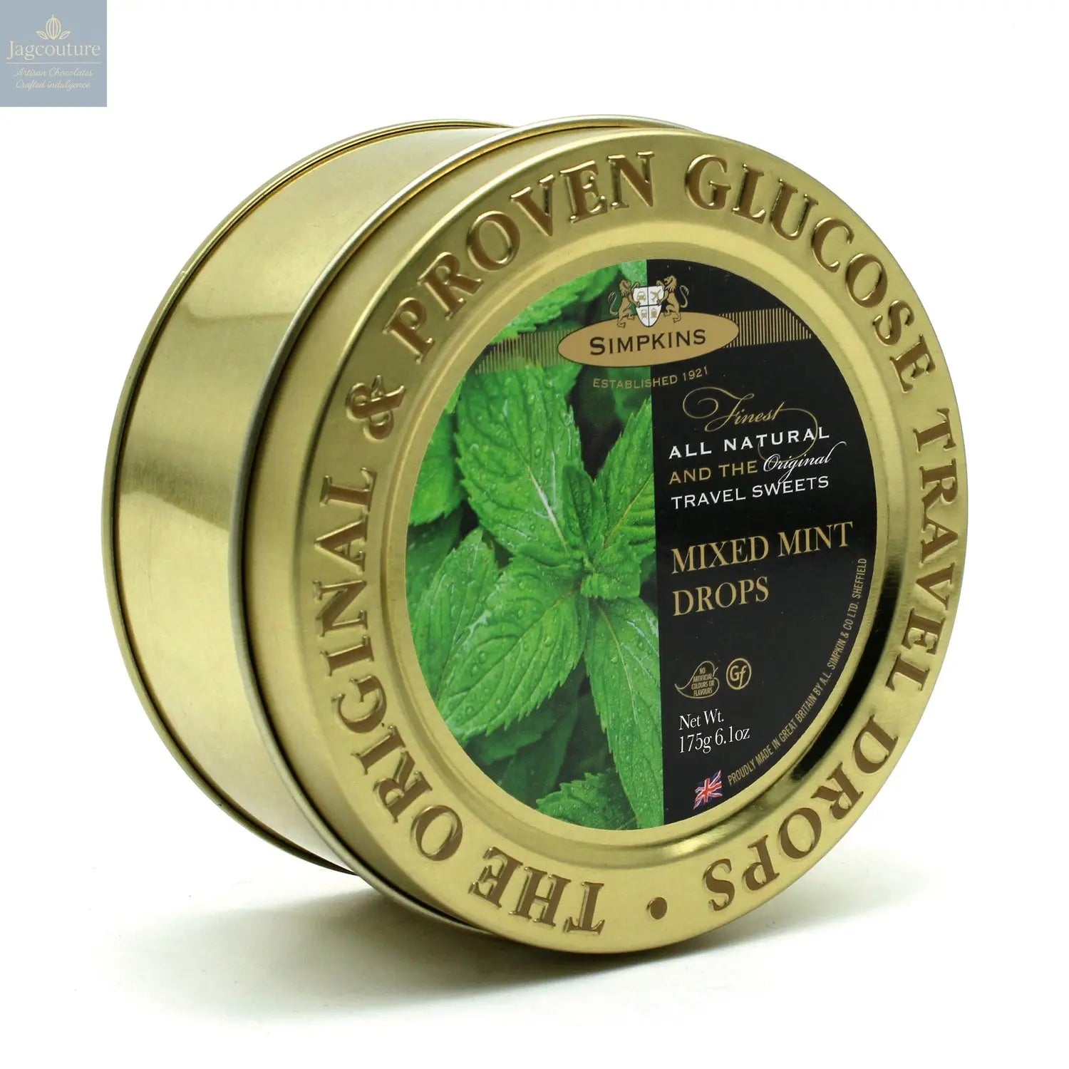 Gold embossed tin of mint flavour travel sweets Jag Couture Chocolates