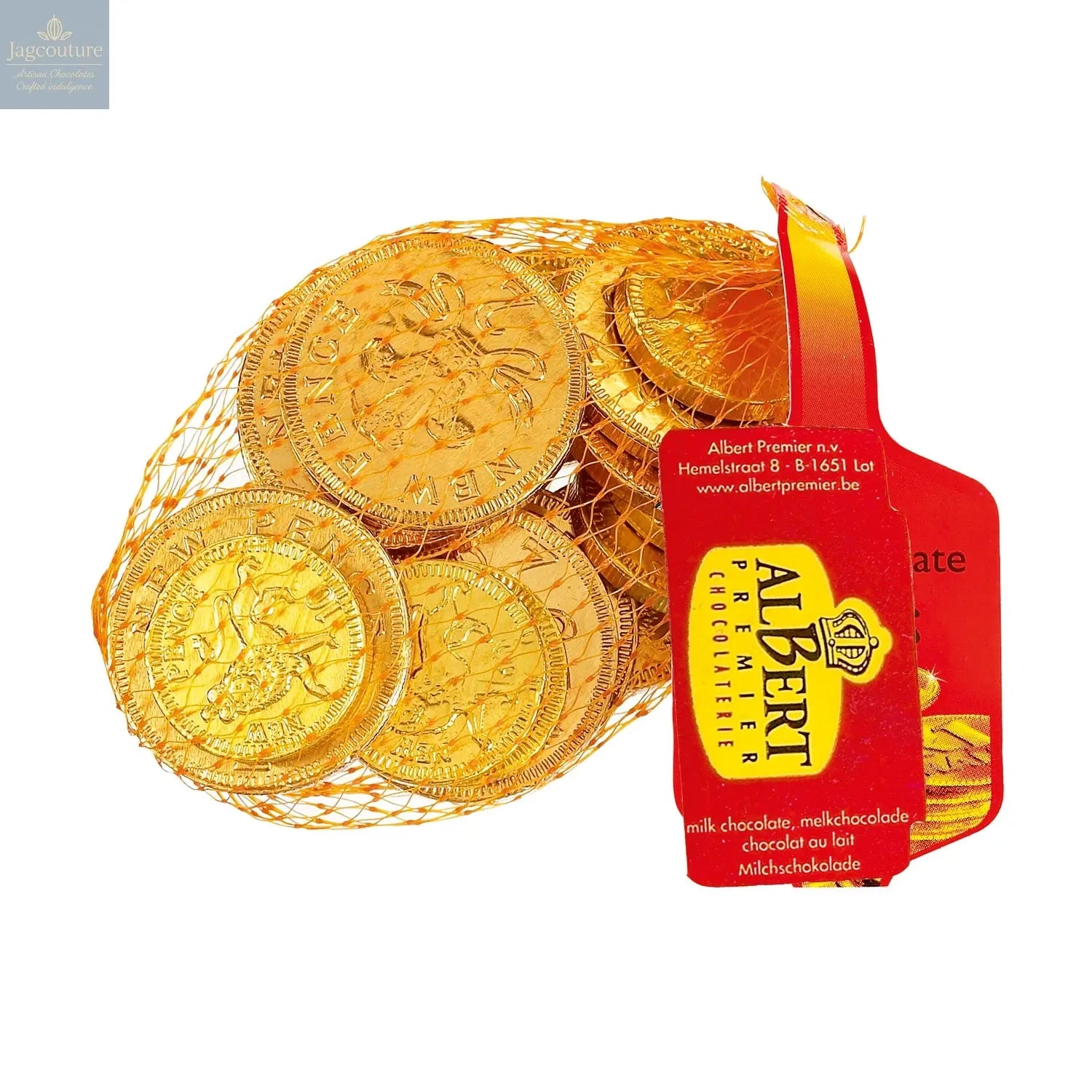 Gold foiled UK milk chocolate coins in net Jag Couture Chocolates