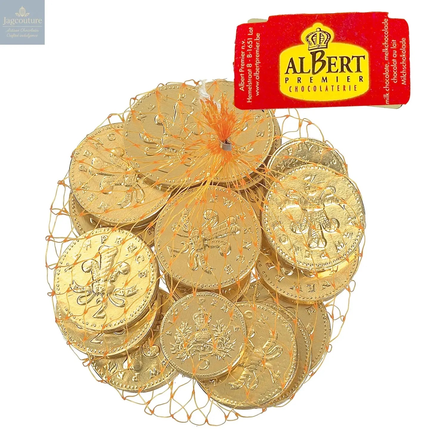 Gold foiled UK milk chocolate coins in net Jag Couture Chocolates