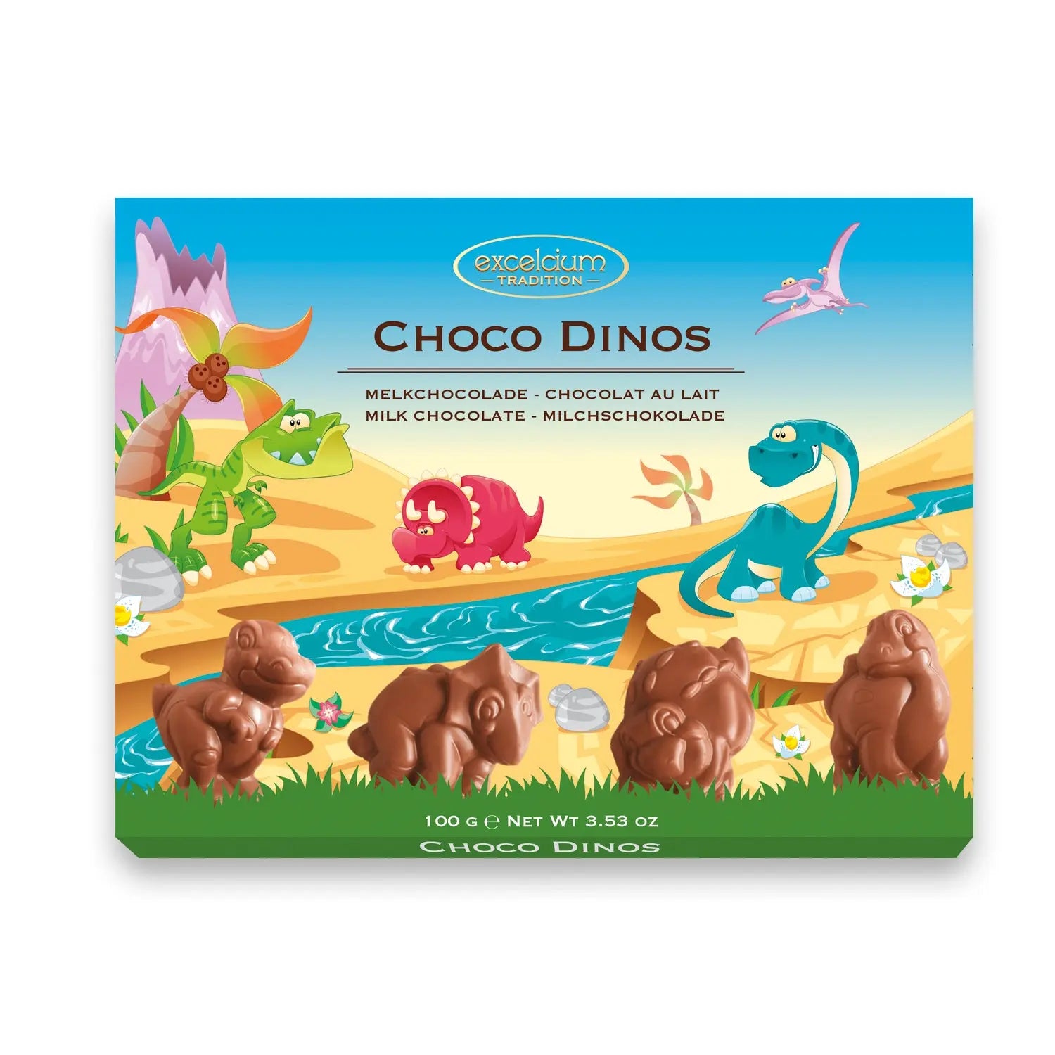 Excelcium solid milk chocolate dinosaur pieces in carton Jag Couture Chocolates