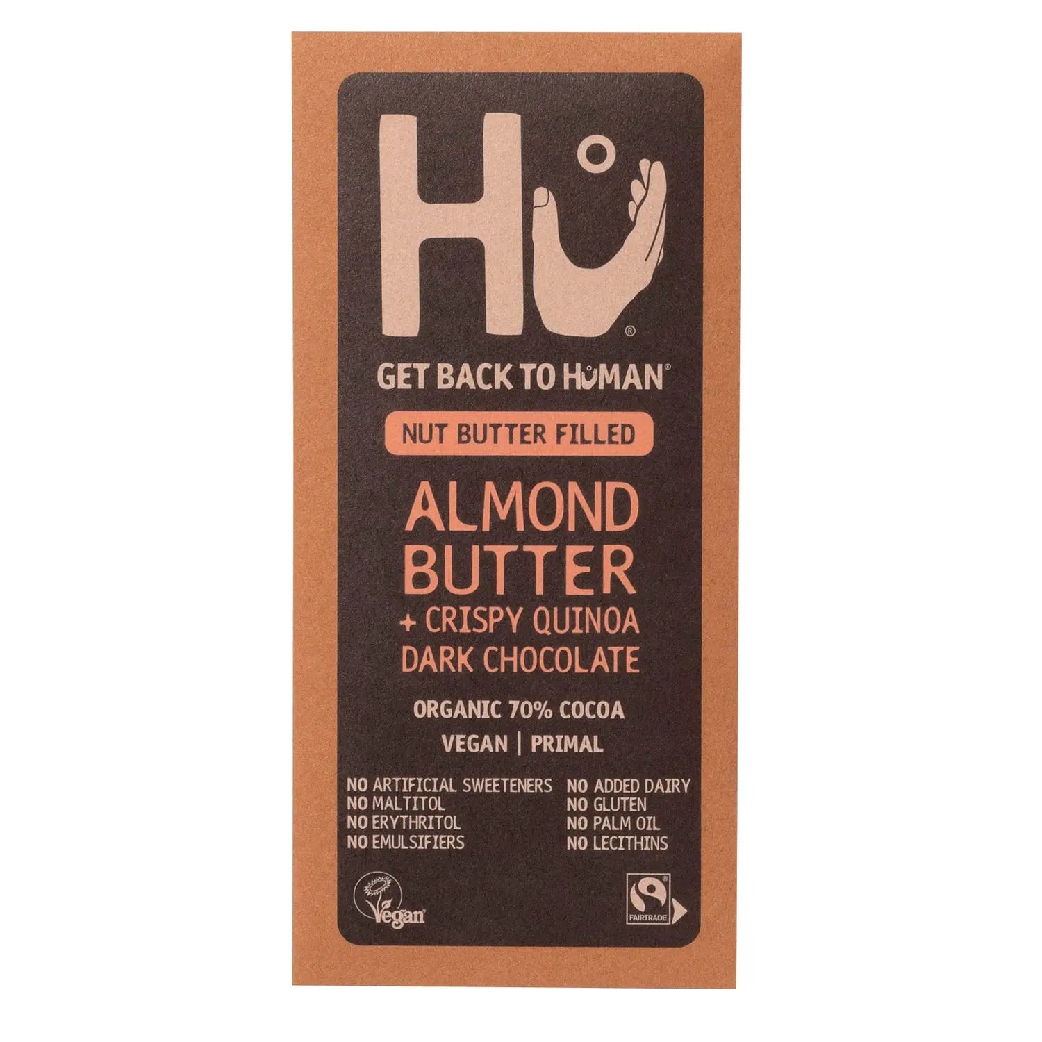 Hu Almond Butter and Crispy Quinoa Dark 70% cocoa chocolate bar Jag Couture Chocolates