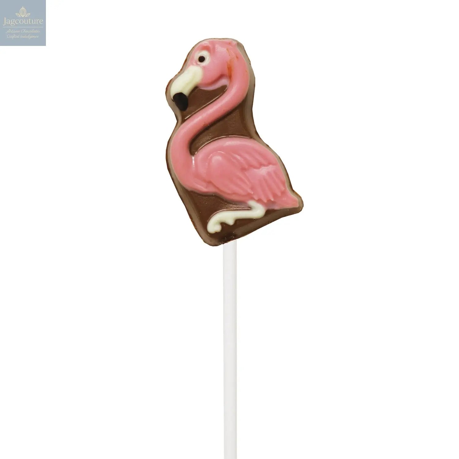 Hand decorated chocolate flamingo lollipops in display - Jag Couture Chocolates