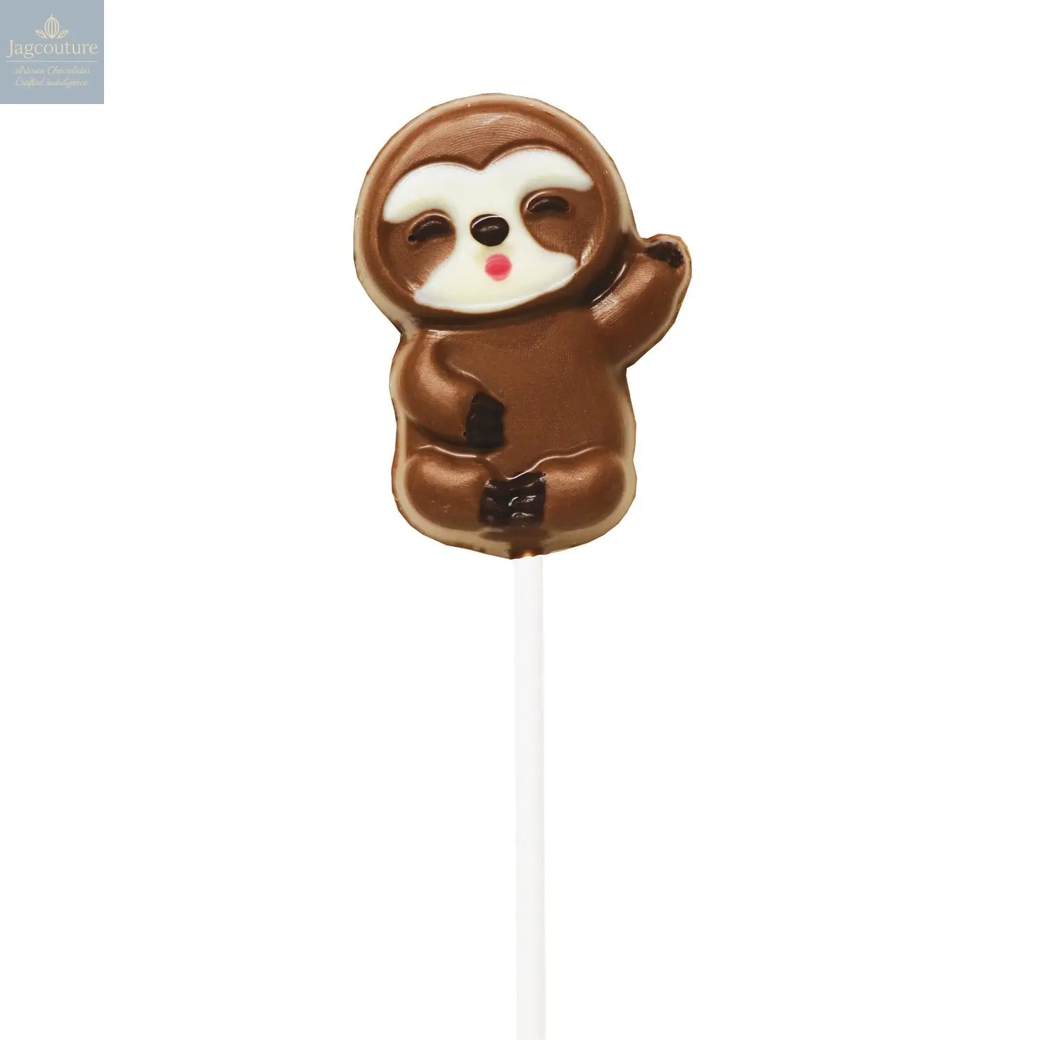 Hand decorated chocolate sloth lollipops in display - Jag Couture Chocolates