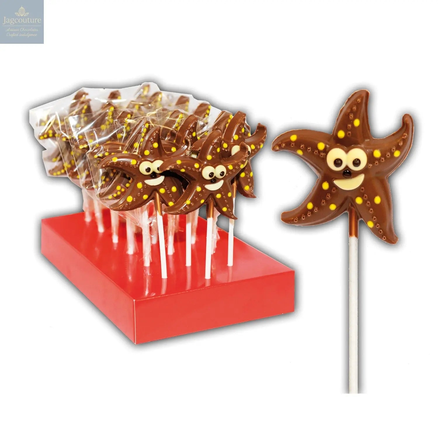Hand decorated chocolate starfish lollipops in display - Jag Couture Chocolates