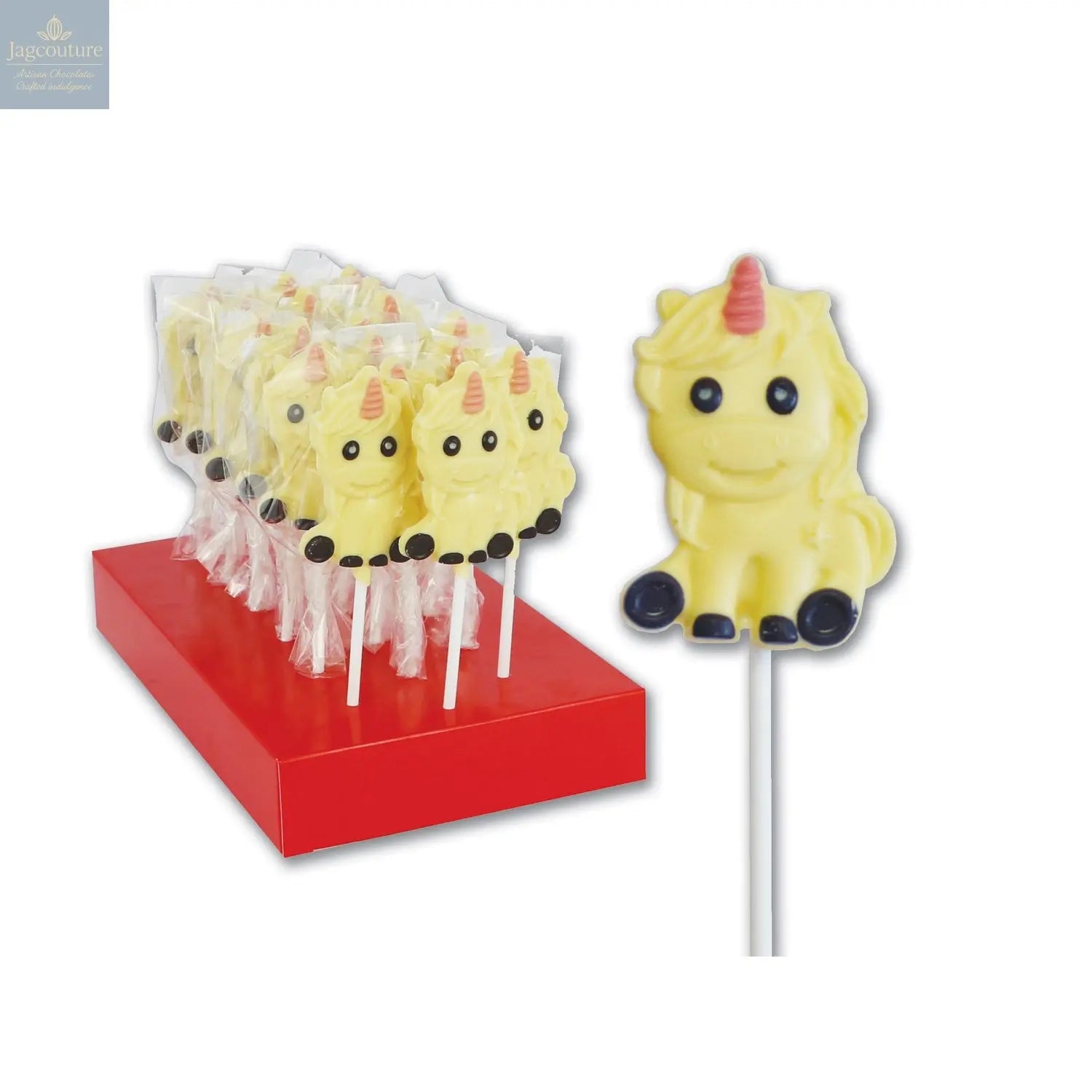 Hand decorated white chocolate Una the unicorn lollipops in display - Jag Couture Chocolates