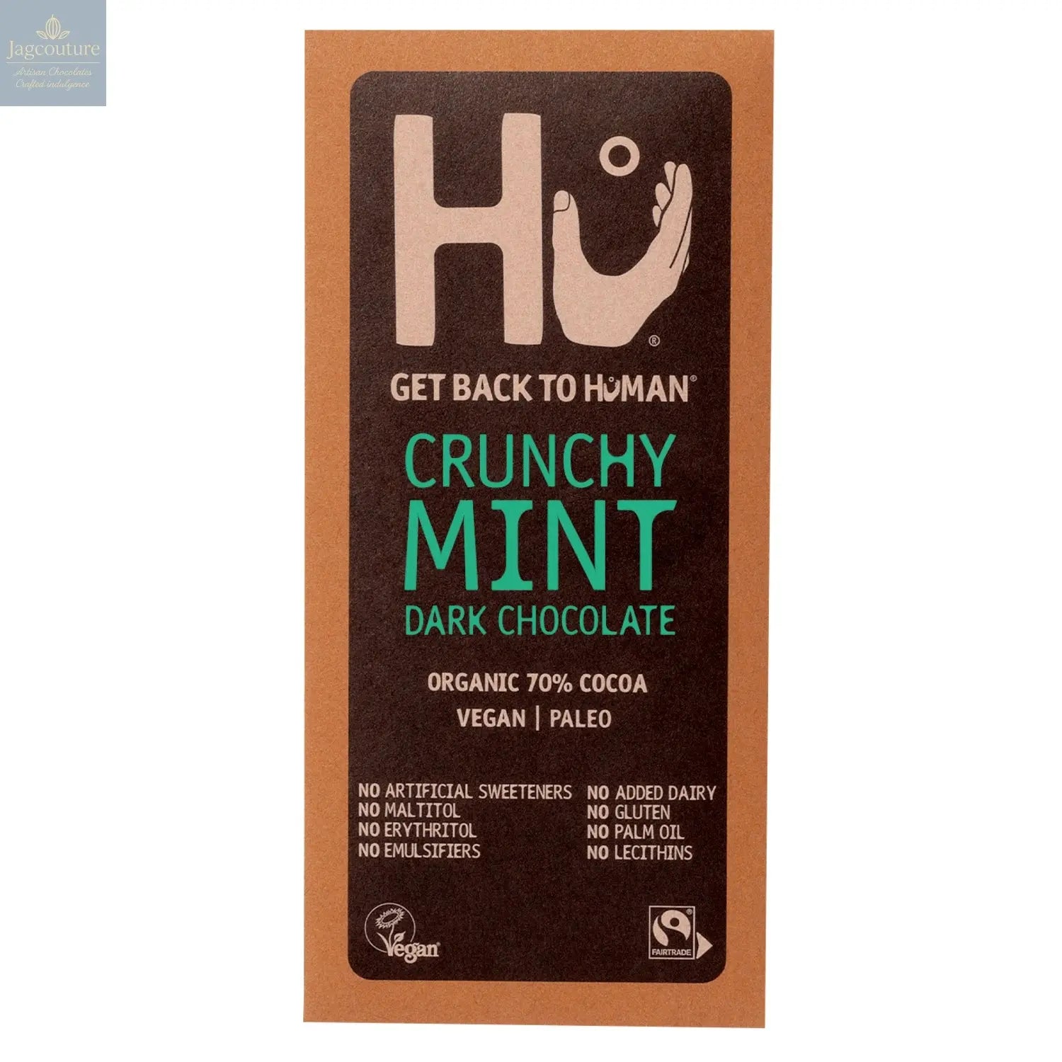 Hu Crunchy Mint Dark 70% cocoa chocolate bar Jag Couture Chocolates