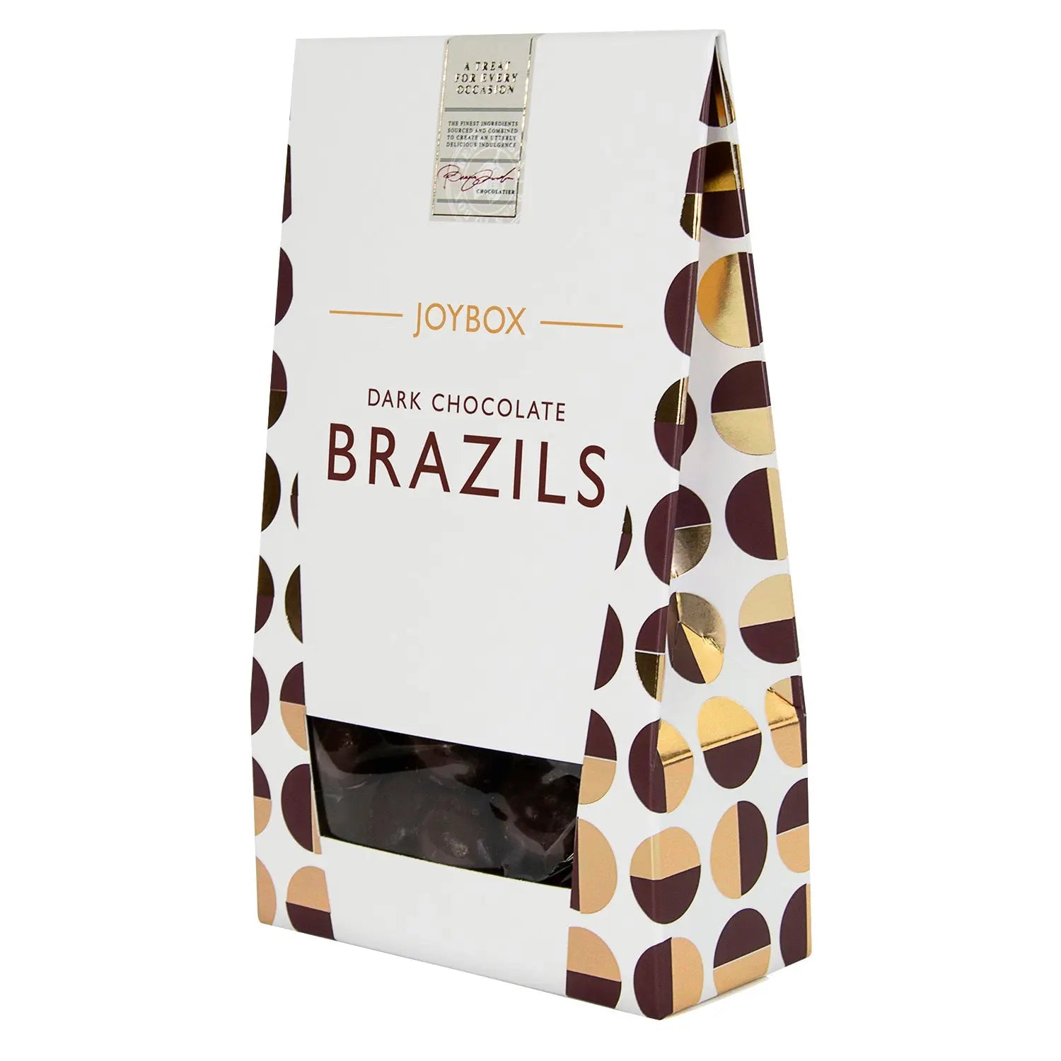 Joybox Brazil nuts coated in dark chocolate in carton Jag Couture Chocolates