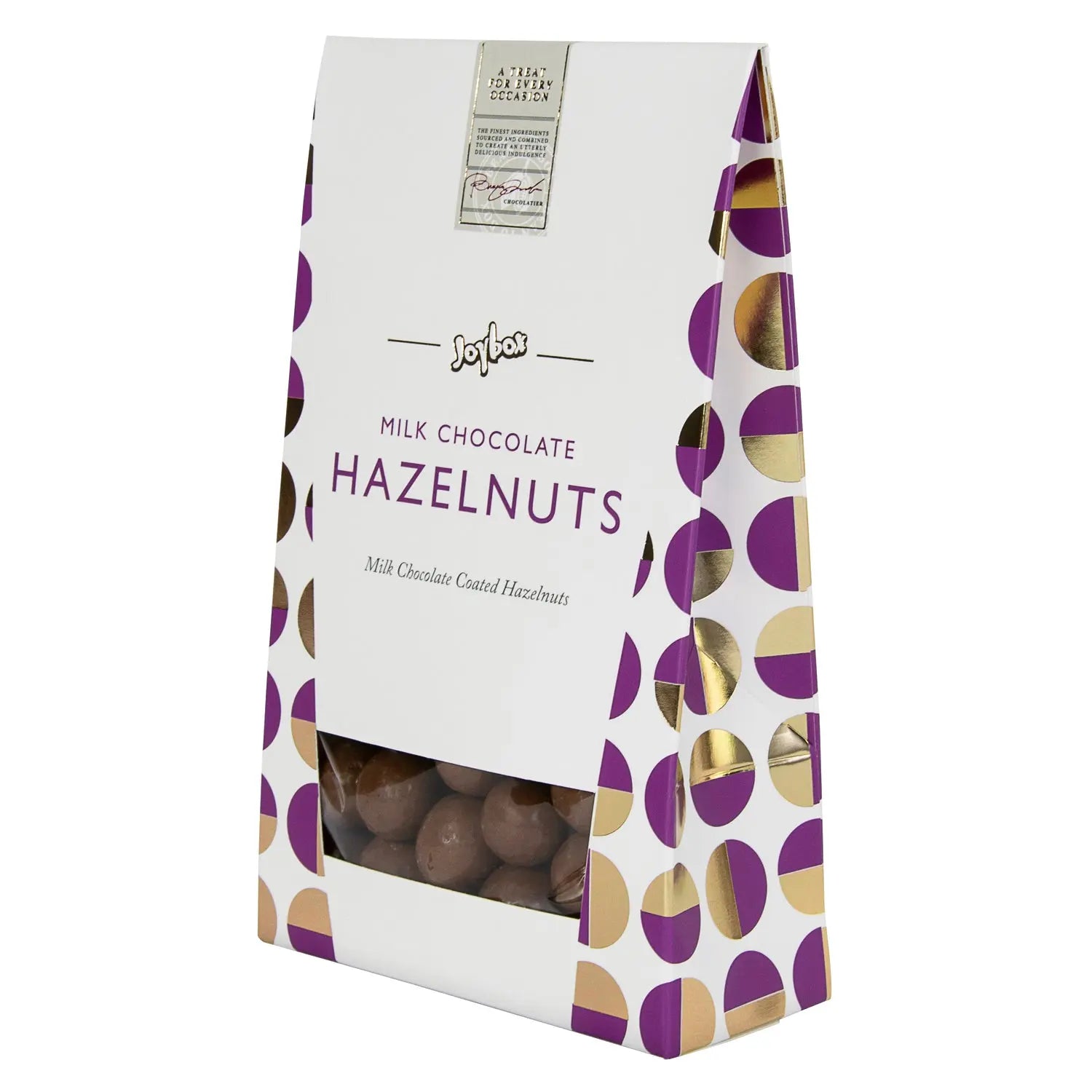 Joybox hazelnuts coated in milk chocolate in carton Jag Couture Chocolates