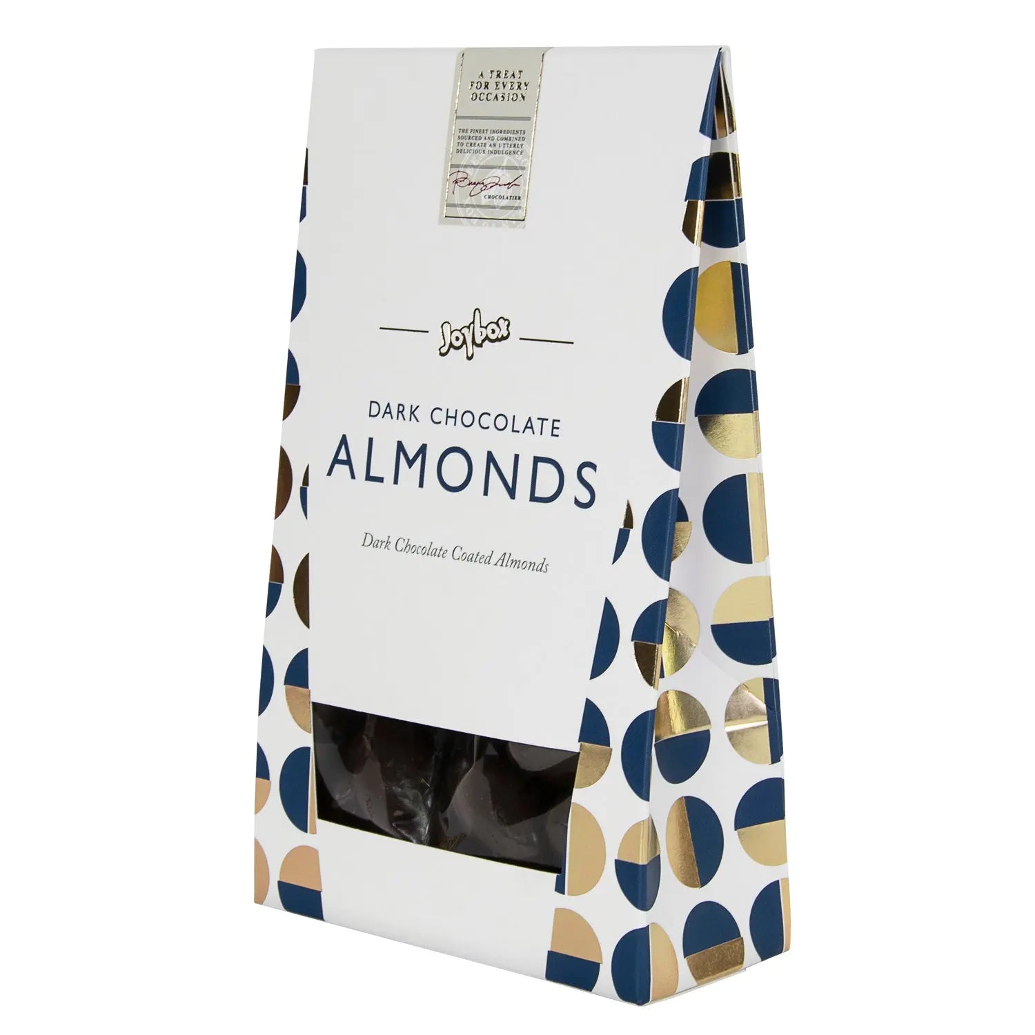 Joybox almonds coated in dark chocolate in carton Jag Couture Chocolates