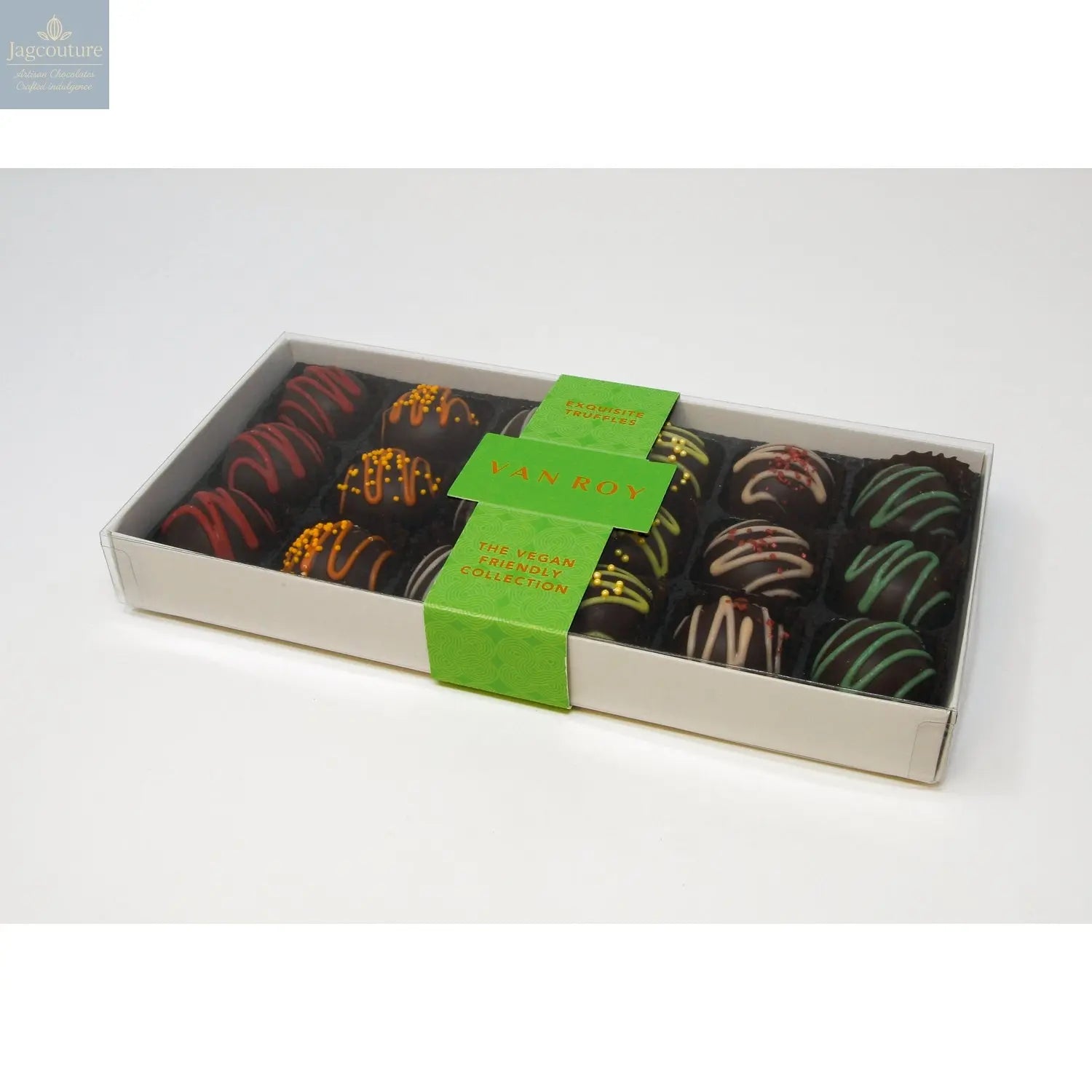 Luxury vegan friendly selection in 18 choc grey base with cello lid - Jag Couture Chocolates