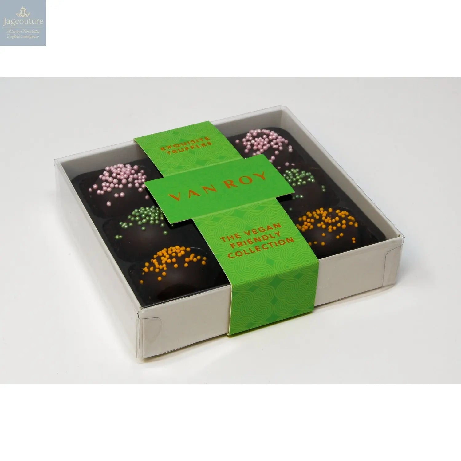 Luxury vegan friendly selection in 9 choc grey base with cello lid - Jag Couture Chocolates