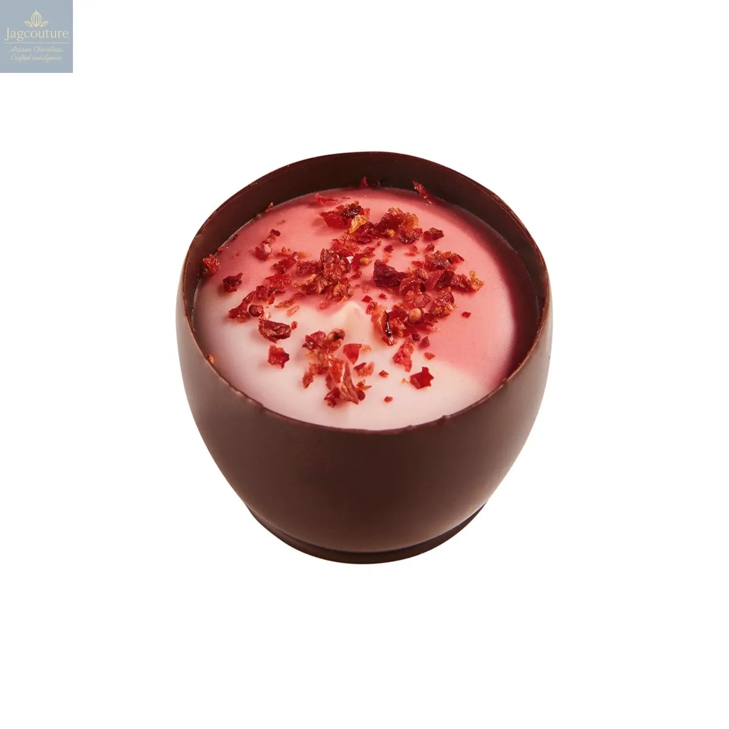 Mary - raspberry ganache with a duo of raspberry and strawberry crème topping 14g - Jag Couture Chocolates