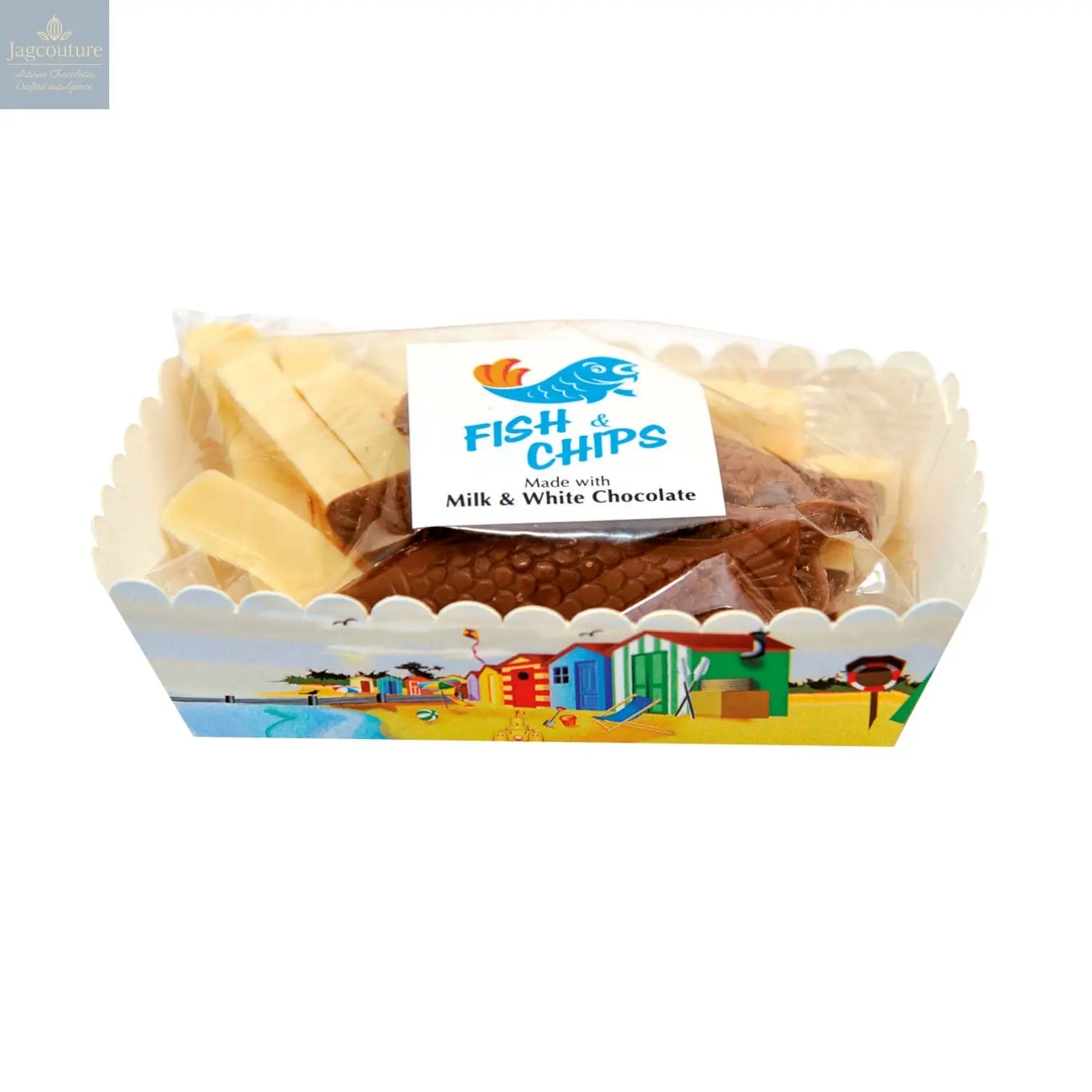 Milk and white chocolate fish & chips in carton - Jag Couture Chocolates