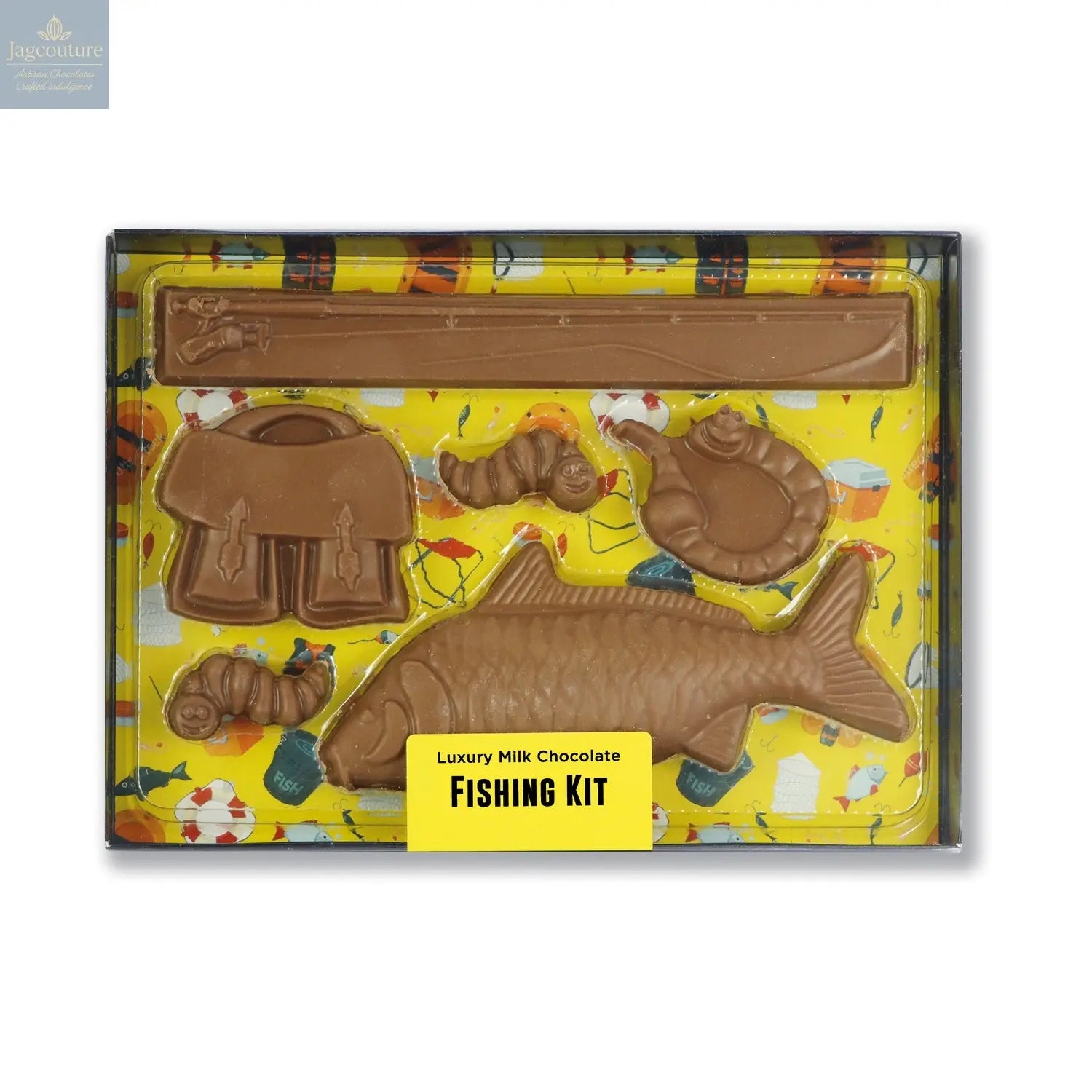 Milk chocolate fishing kit in black gift box with clear lid - Jag Couture Chocolates