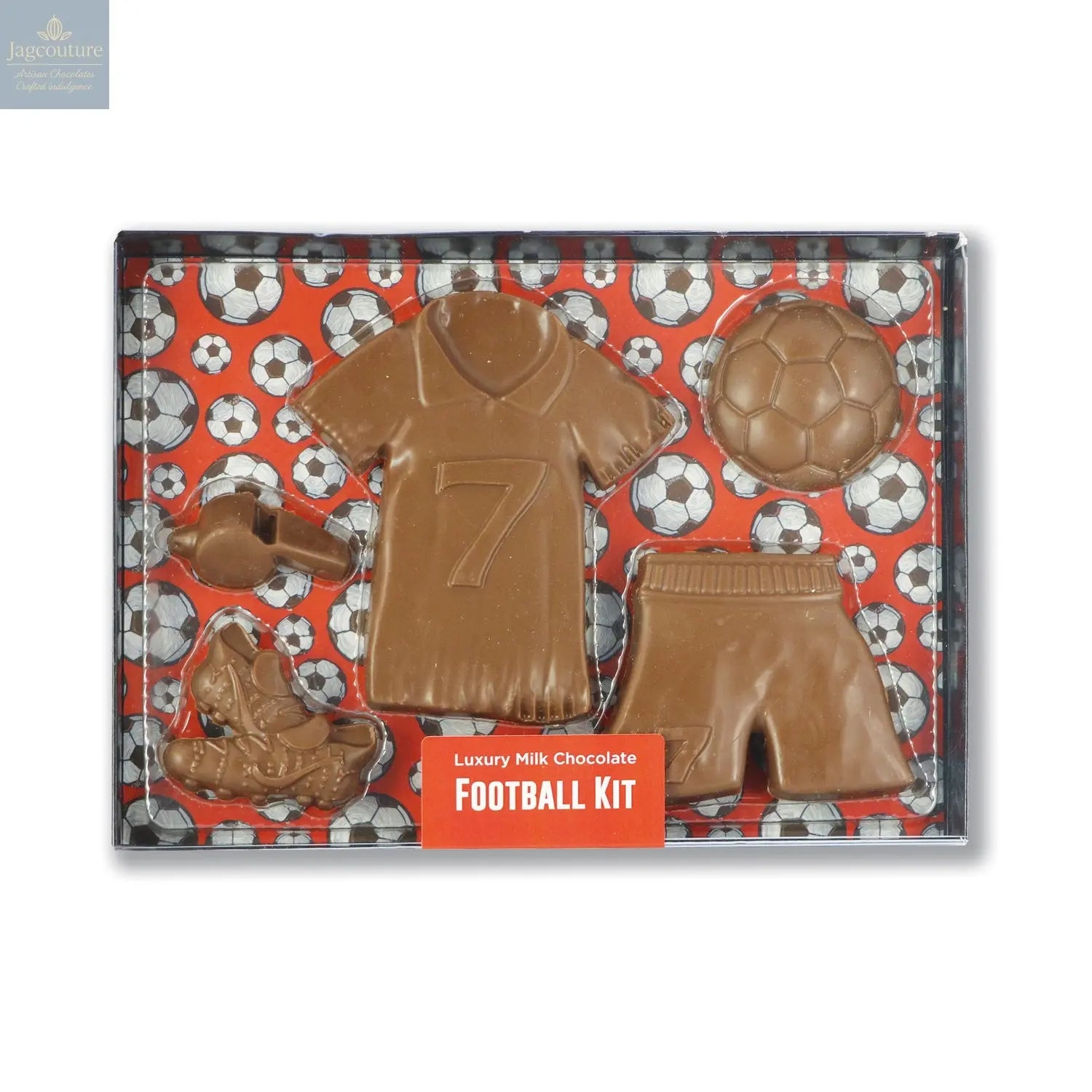 Milk chocolate football kit in black gift box with clear lid - Jag Couture Chocolates