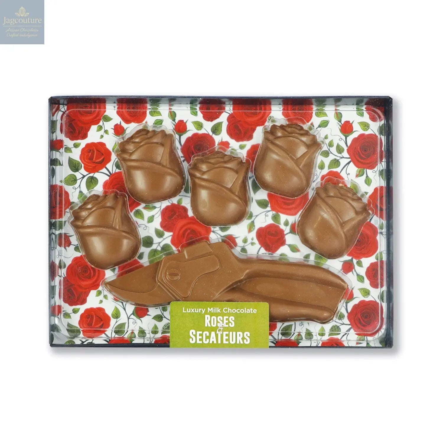 Milk chocolate roses & secateurs kit in black gift box with clear lid - Jag Couture Chocolates