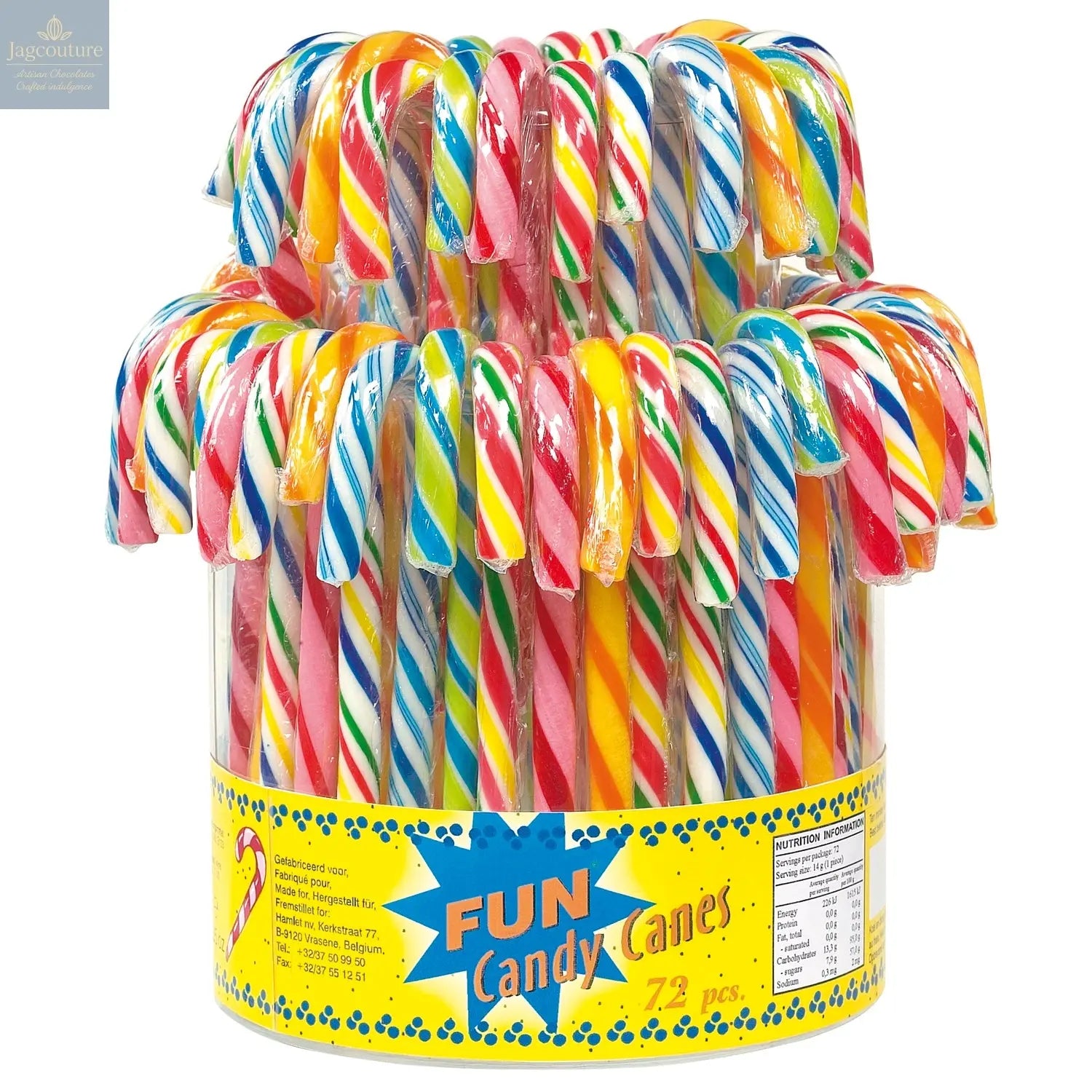 Multi-coloured fruit flavoured candy canes in display bucket (12.8cm) 13g Jag Couture Chocolates