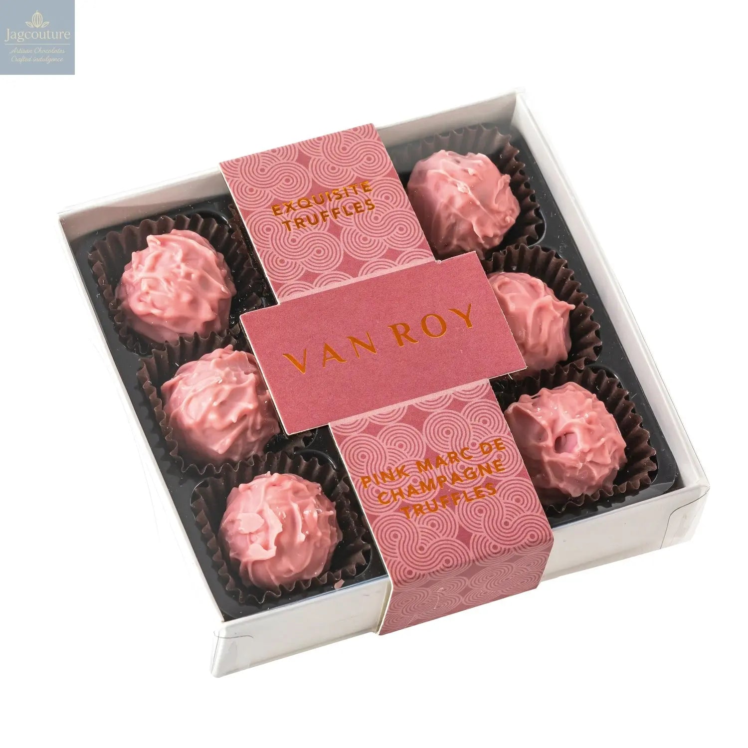 Pink Marc de Champagne truffles in 9 choc grey base with cello lid - Jag Couture Chocolates