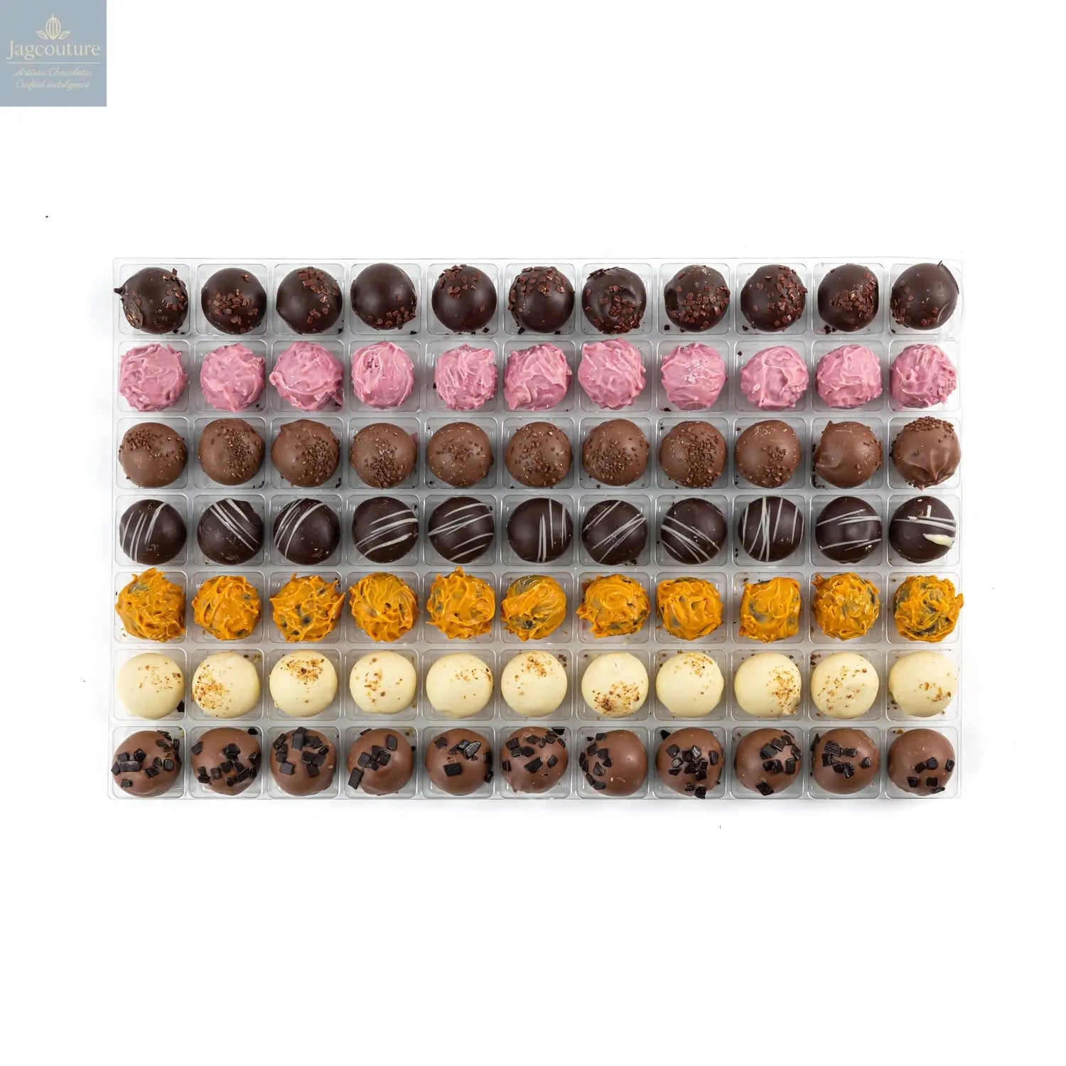 Premium Belgian Truffle Selection - dark truffle, pink champagne, milk caramel, dark rum, dark orange, white lemon, milk irish cream - Jag Couture Chocolates