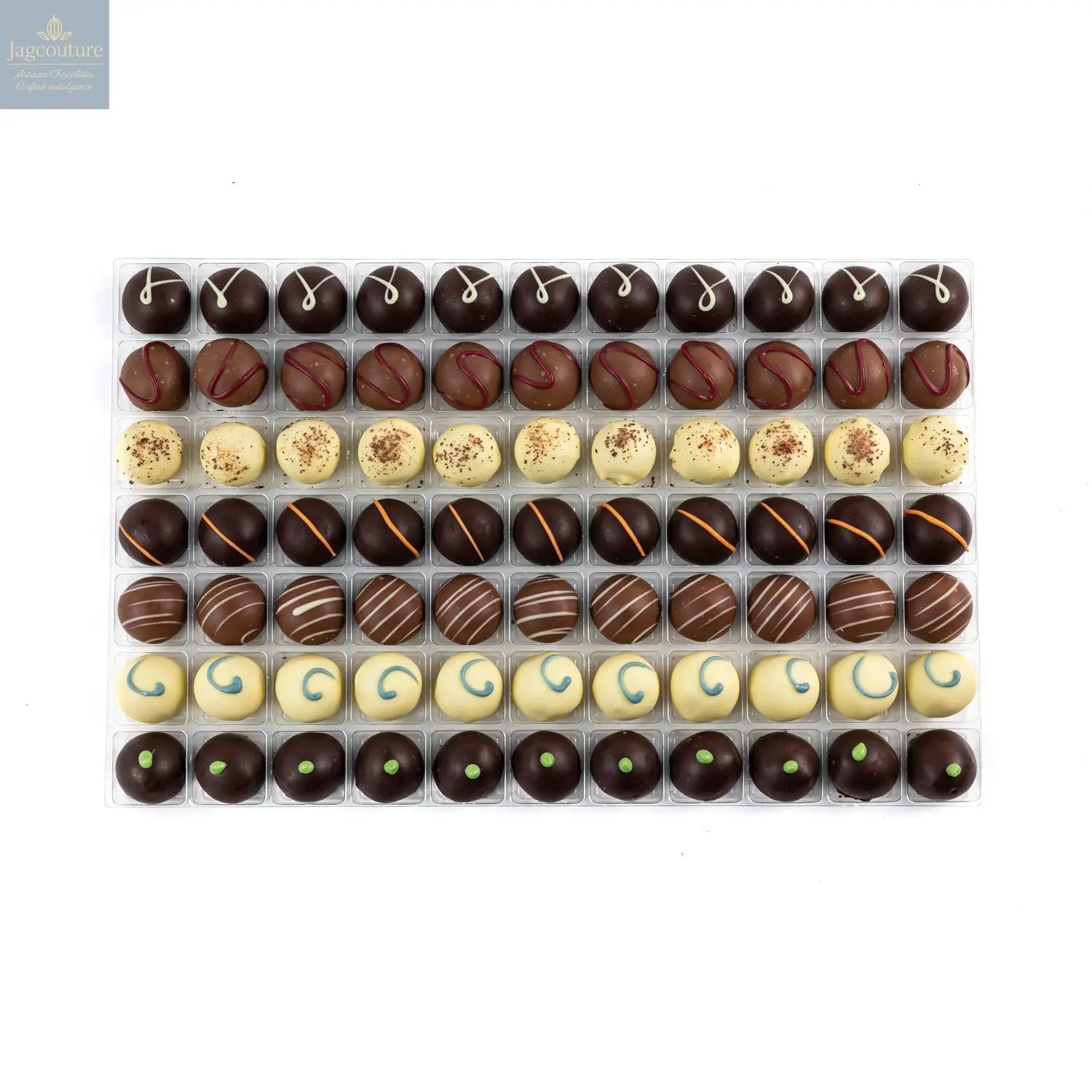 Premium English Truffle Selection - gin & lime, blueberry & balsamic, champagne, Buck's fizz, cappuccino, cherry bakewell, apricot & amaretto - Jag Couture Chocolates