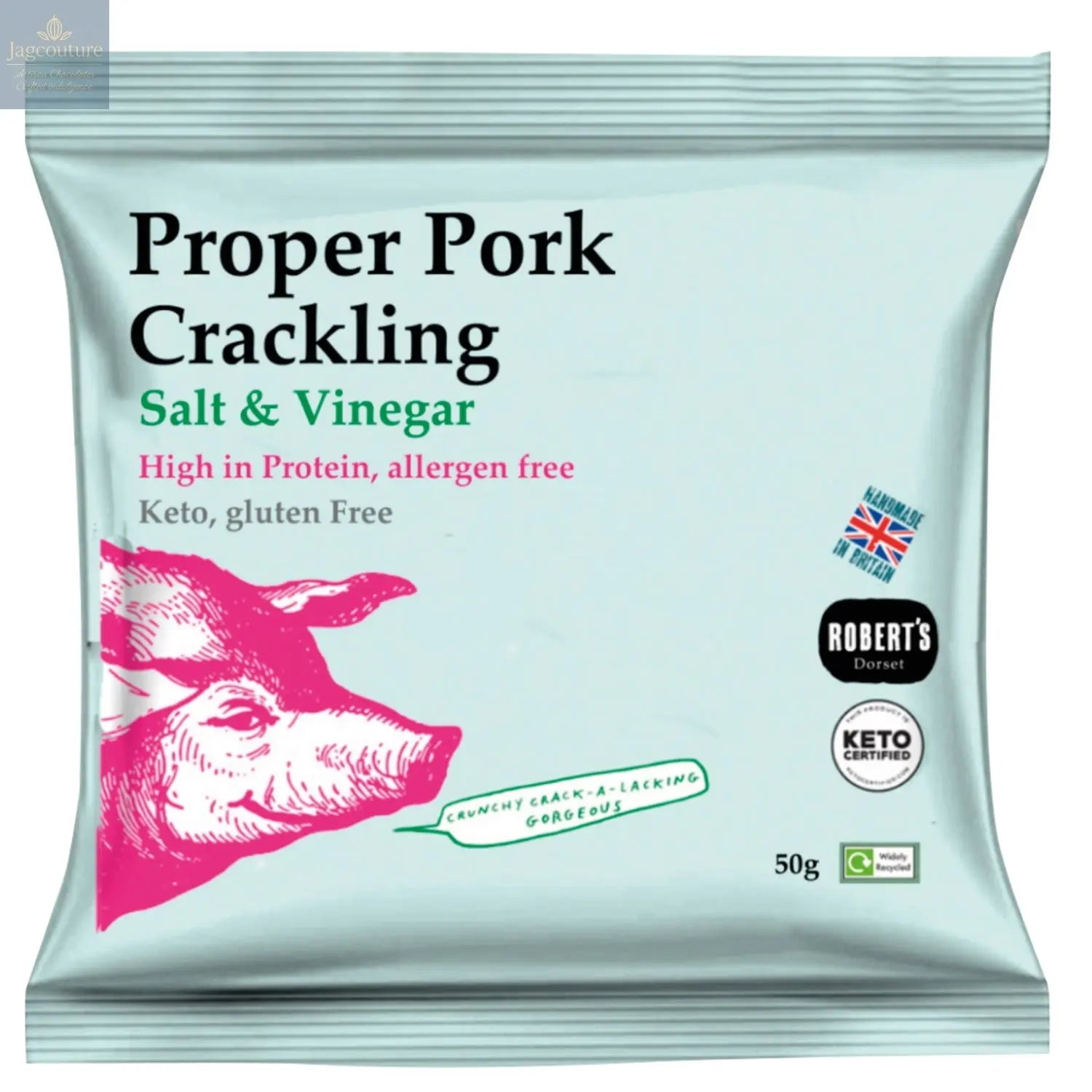 Proper Pork Crackling flavoured with salt and vinegar - VAT FREE Jag Couture Chocolates