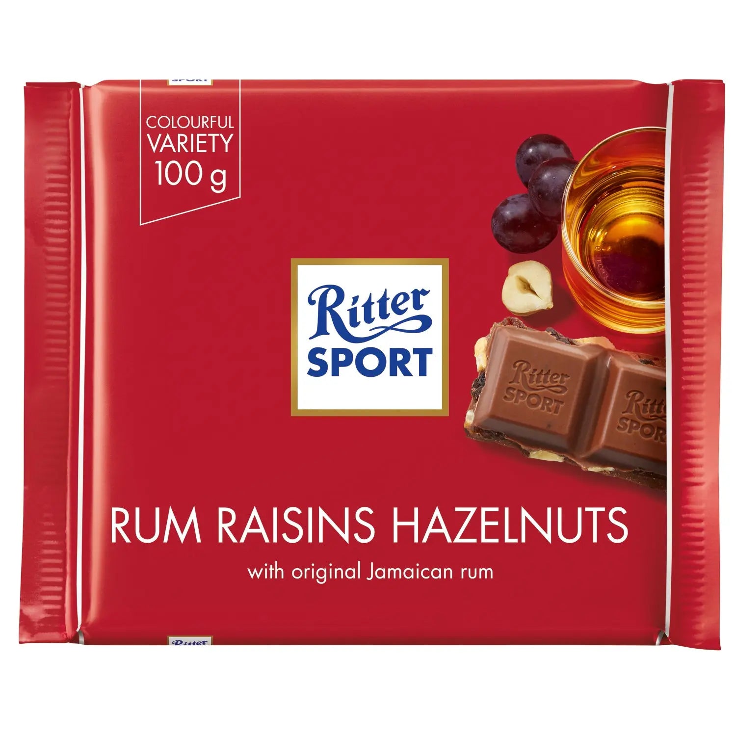 Ritter Sport milk chocolate with rum, raisins and hazelnuts bar Jag Couture Chocolates